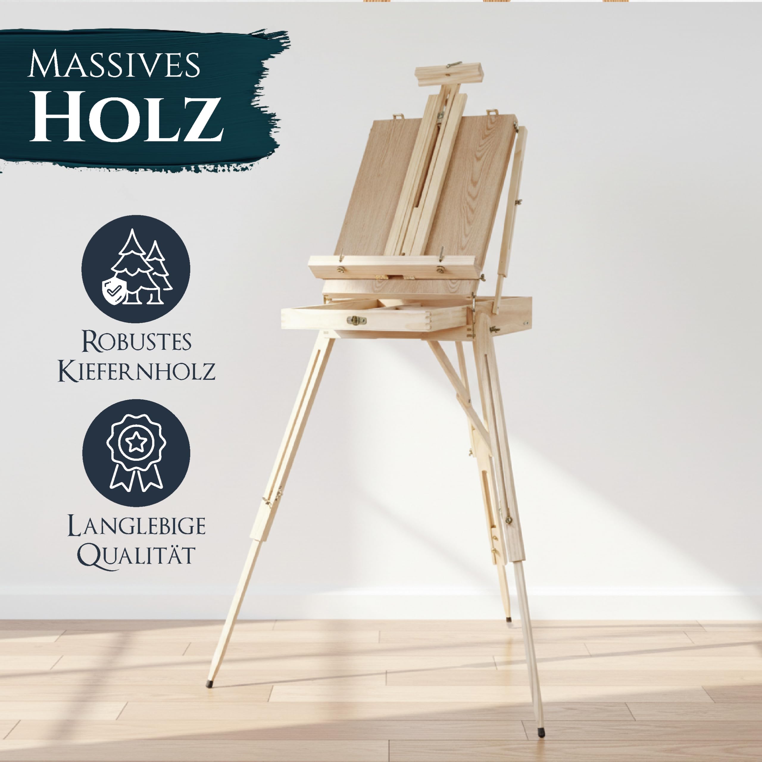 Artina Staffelei Holz Groß Leinwand bis max. 100cm mit 90° Neigung | Tischstaffelei Kofferstaffelei mit integriertem Malkoffer & Holzpalette Vielseitige Holzstaffelei Malerstaffelei Madrid