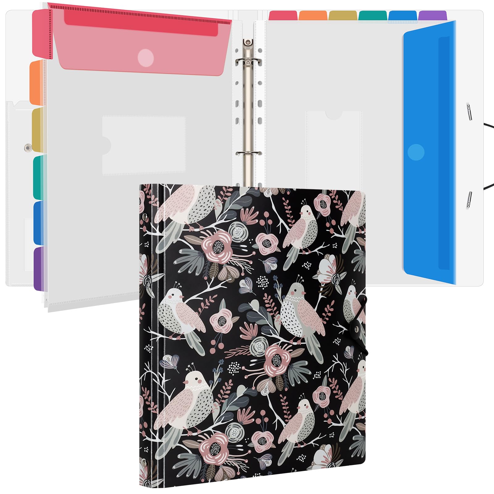 Uquelic A4 Ring Binder Organiser with 12 Pcs Punched Pockets - Upgraded Folders for Paperwork, Popper Wallets Folder Organiser for Home Office (Bird Print)