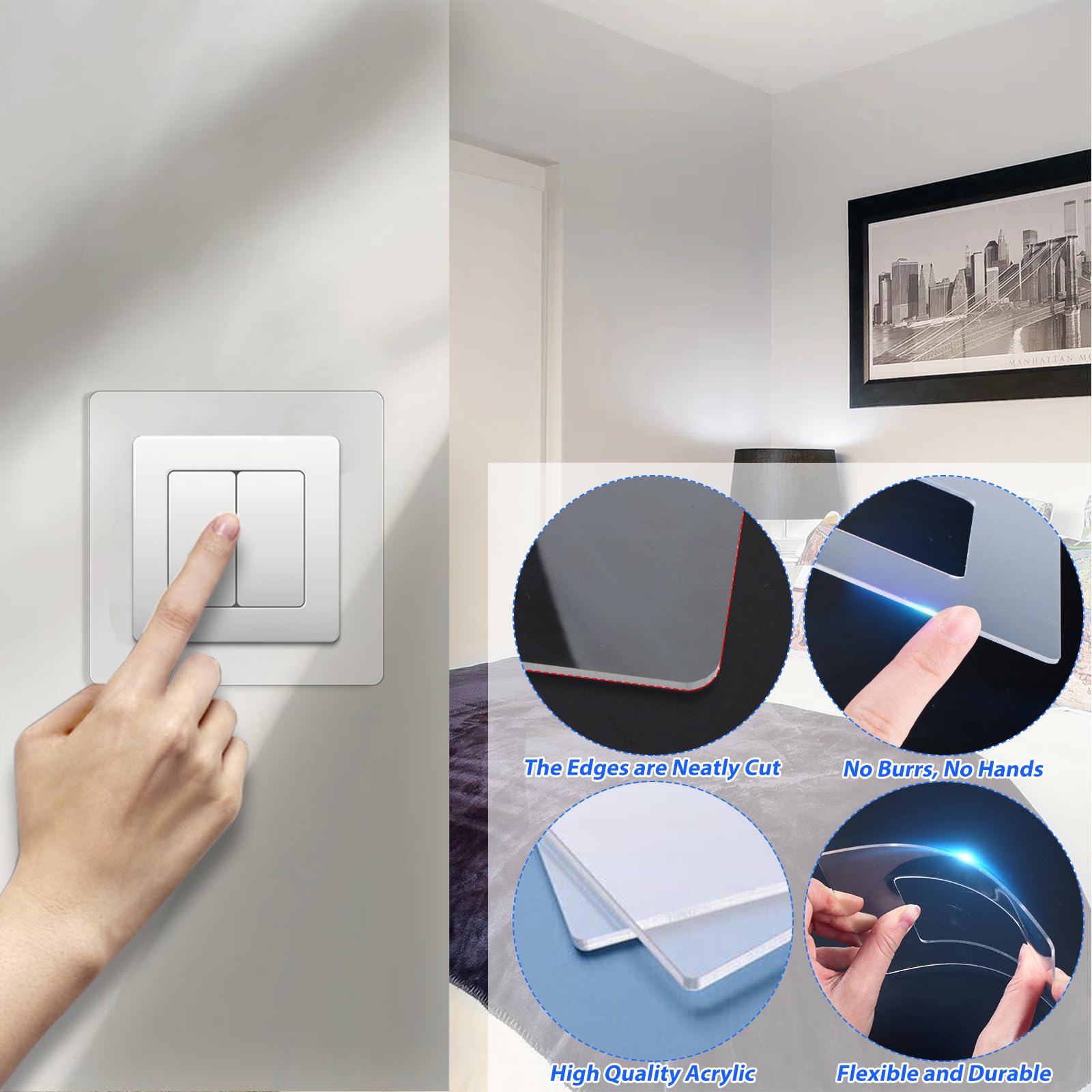 BlueXP Pack of 12 Light Switch Protection for Wall Transparent Wallpaper Protection 1-Way Socket and Light Switch Protective Film for Protective Frame Sticker for Any Switch Range - Image 3