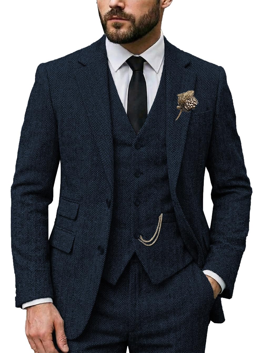 MoranX FRSU Men Suit Classic Regular Fit 3 Piece Tweed Herringbone Wool Jacket
