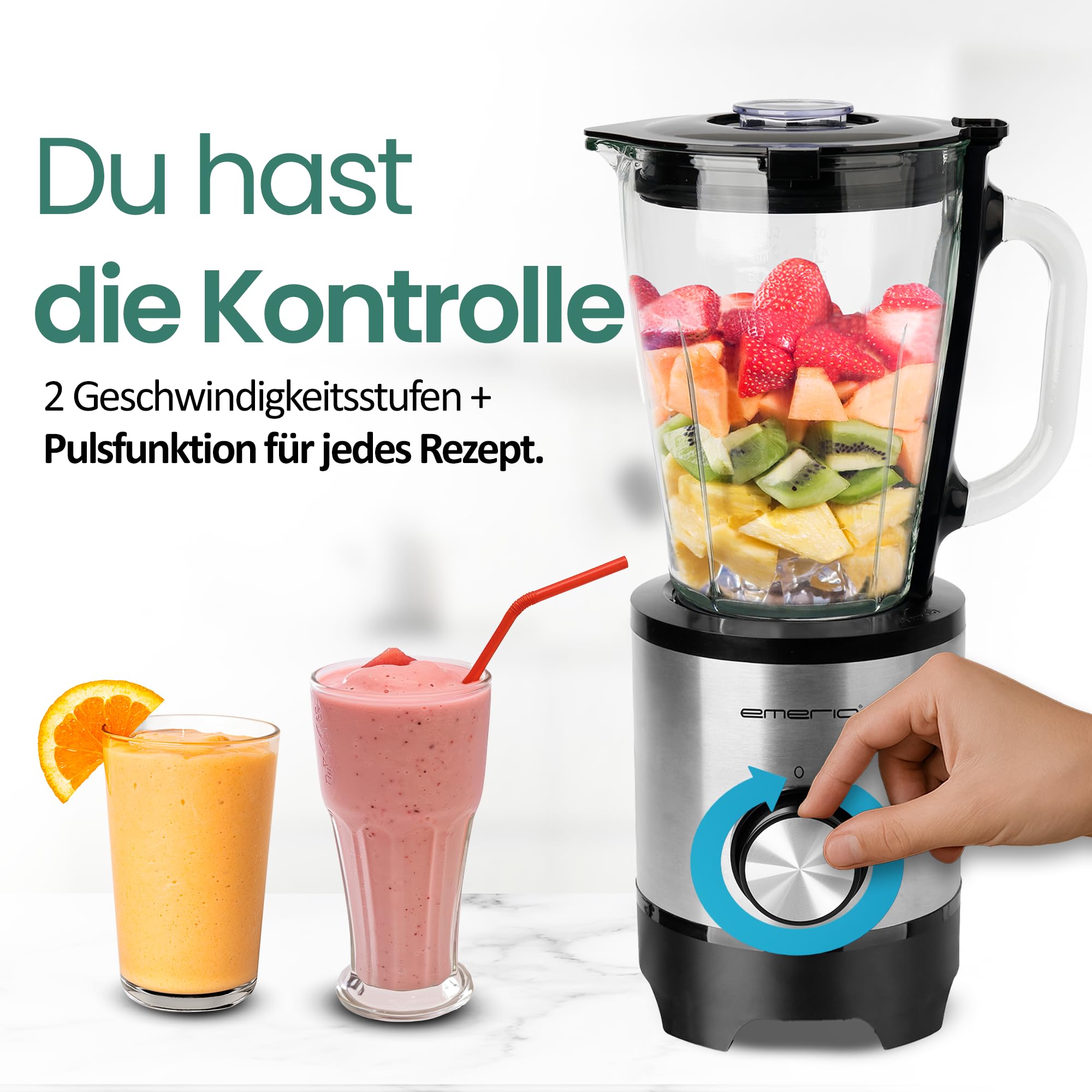 EMERIO BL-130988 - Frullatore con contenitore in vetro da 1,5 l, senza BPA, funzione Crush Ice | 2 velocità + funzione Pulse | 4 coltelli in acciaio inox | 2 interruttori di sicurezza in brocca e