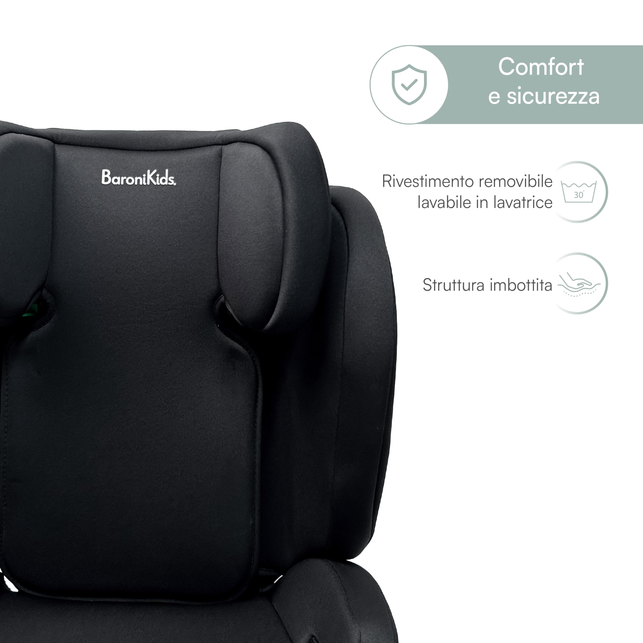 Rehausseur de voiture avec dossier i-Size 100-150 cm, appuie-tête réglable, siège rembourré, housse amovible et lavable (standard + Isofix)