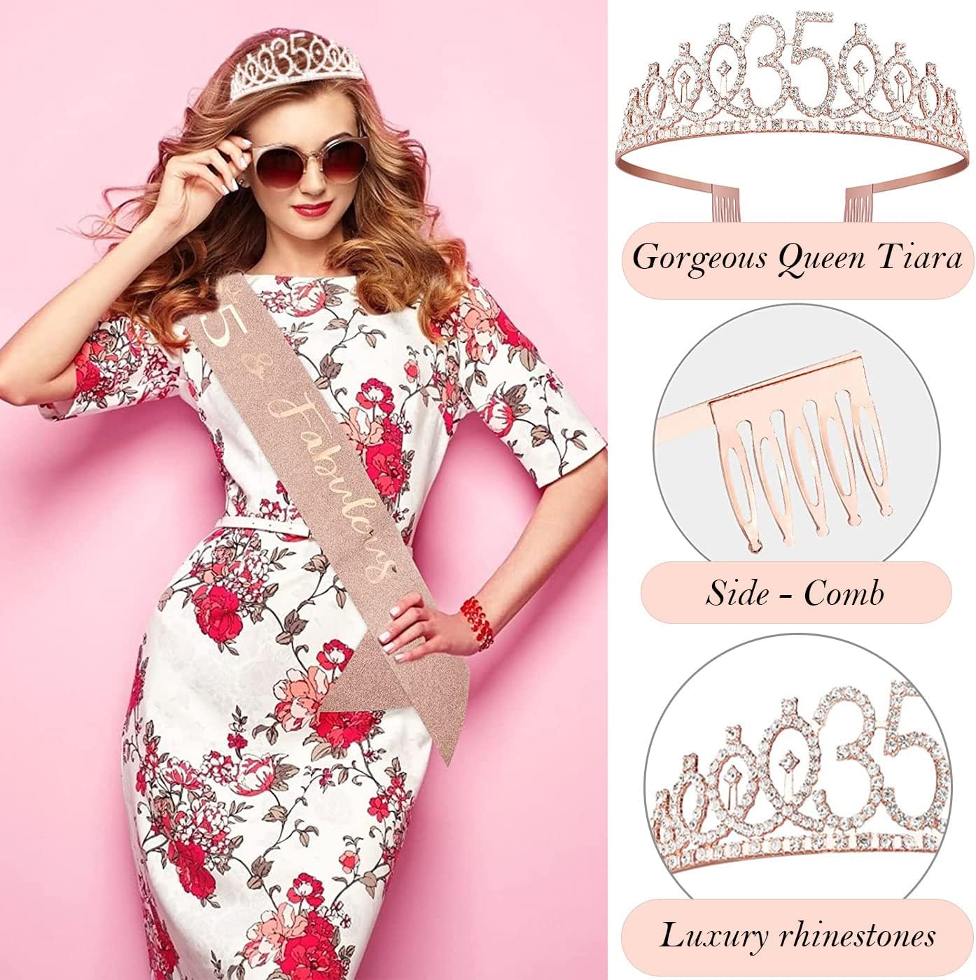 35th Birthday Decorations Gifts for Women, Including 35 year old Birthday Cake Topper, Queen Sash with Pearl Pin, Sweet Rhinestone Tiara Crown, Number Candles and Balloons Set, Rose Gold - Image 2