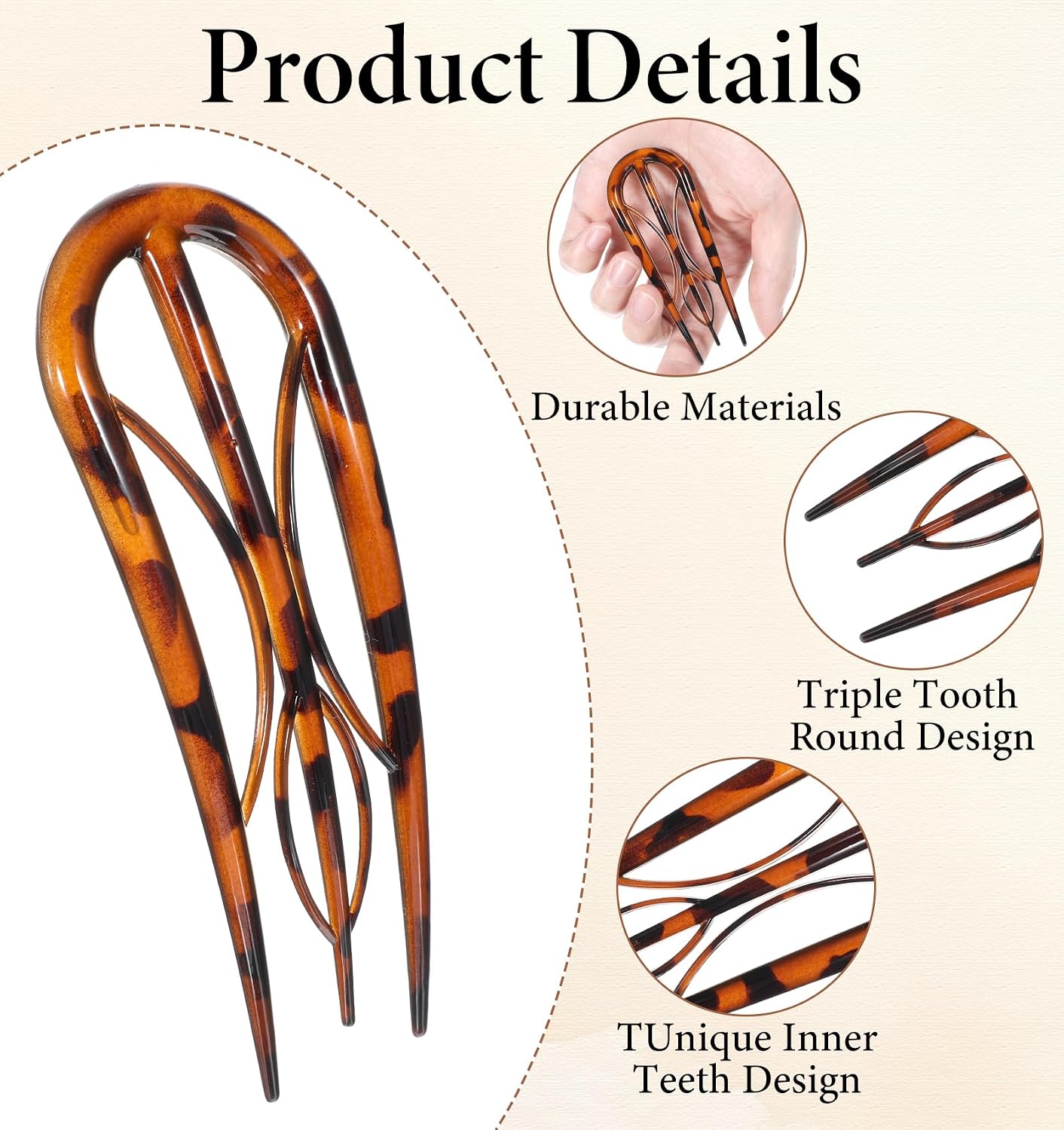Hairpins Hair for Women Fine Thin Hair, 4 Pcs Large French Hair Pin, Plastic French Twist Pin with 3 Inner Teeth Design for Women