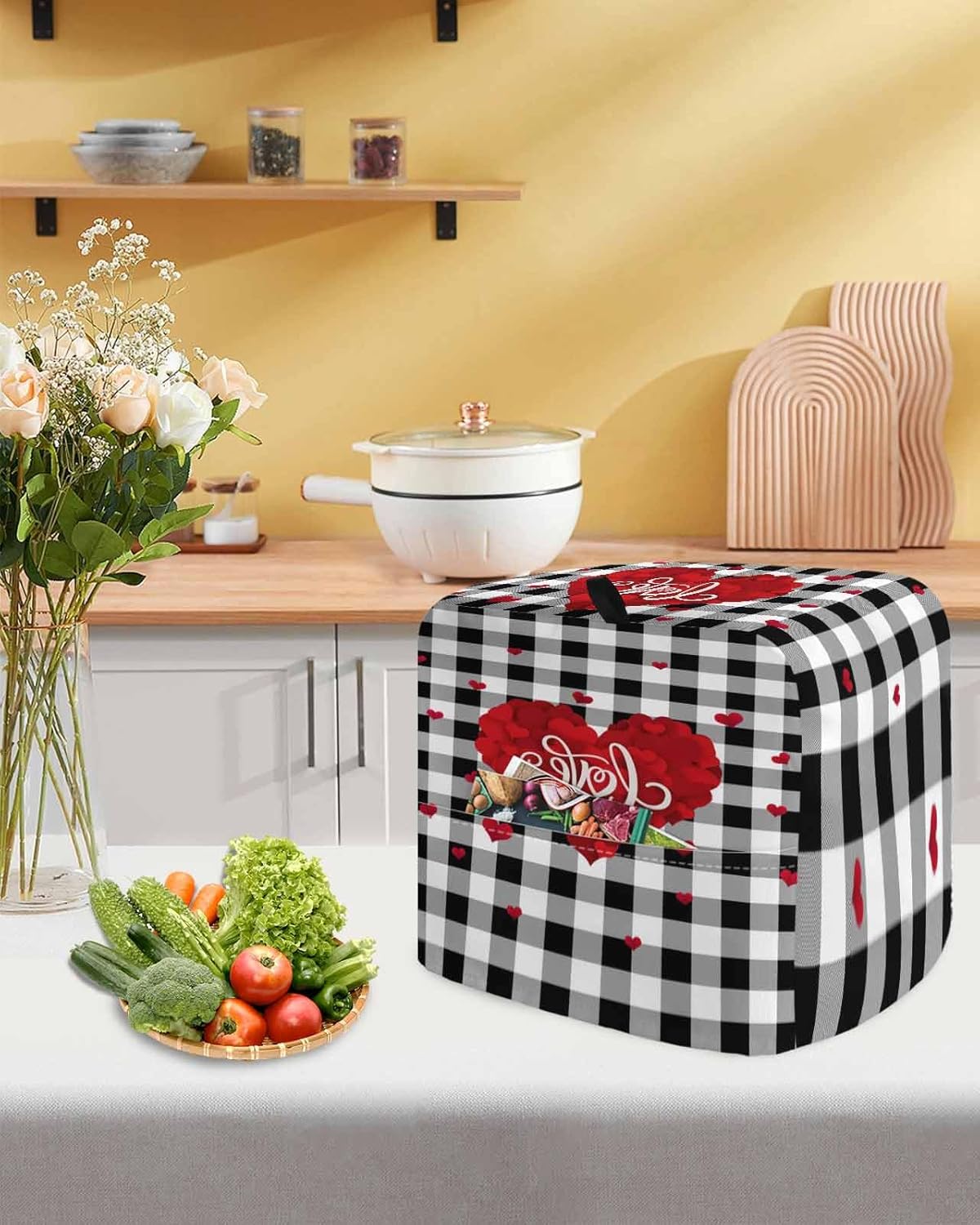 Stand Mixer Cover with Storage Pocket, Valentine's Day Waterproof Kitchen Mixer Covers, Love Heart Black White Plaid Farmhouse Kitchen Appliance Dust Cover Compatible with 5-8 Quart Mixers