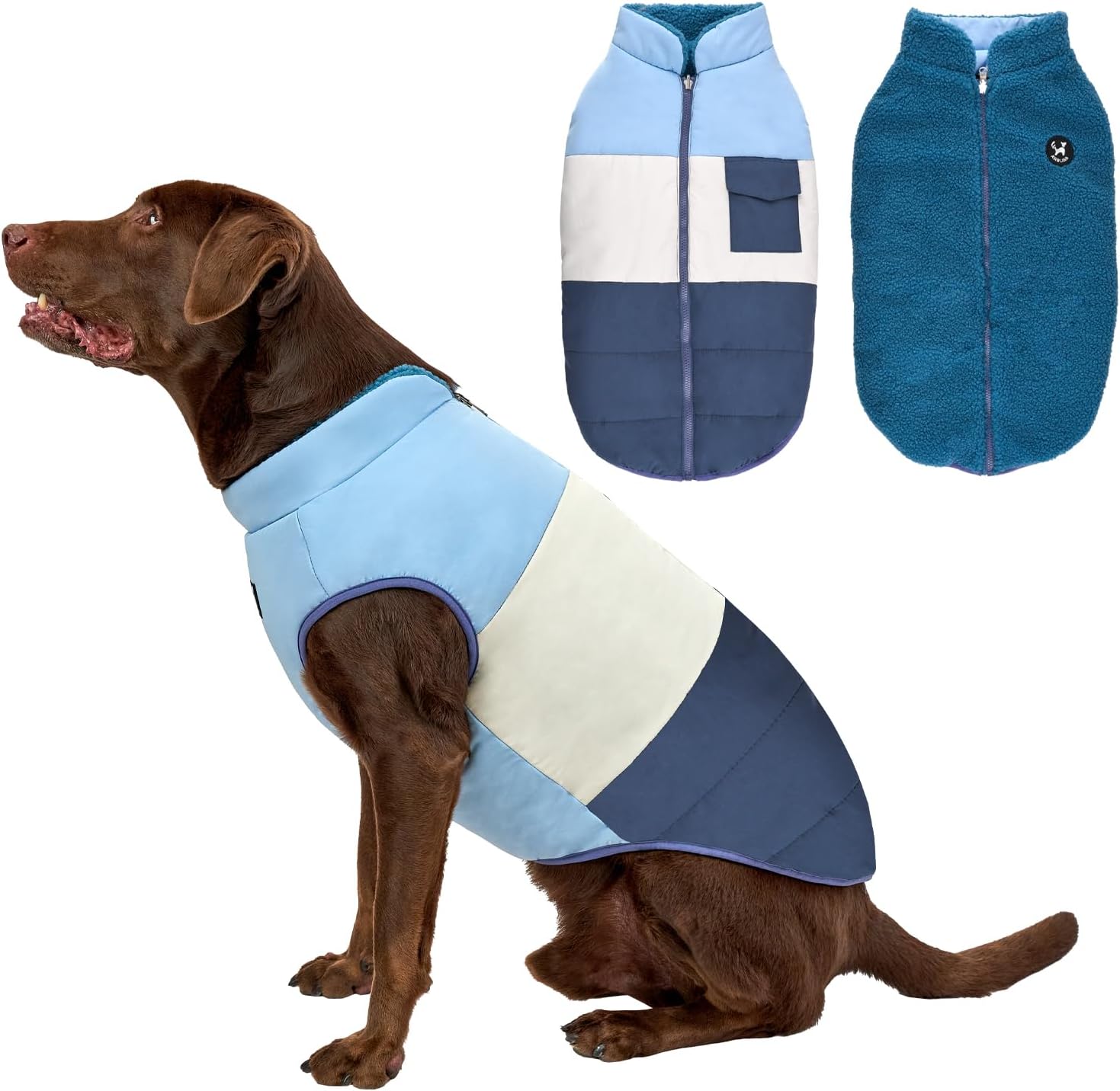 Arblina Reversible Dog Winter Coat, Waterproof Warm Fleece Sweater Windproof Lightweight Pet Snow Jacket for Medium Large Dogs with Double Ended Zipper, Cold Weather Dog Coat,Blue,XXL