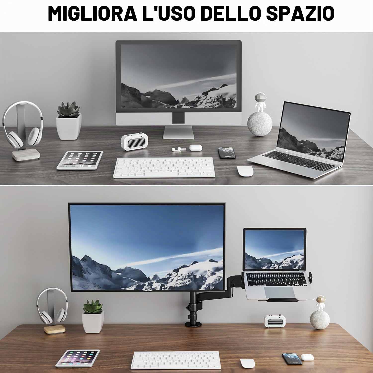 PUTORSEN Supporto Monitor Braccio con Vassoio per Laptop, Regolabile Supporto per Notebook per Schermi LED LCD da 17 a 32 Pollici o Notebook Fino a 18 Pollici, VESA 75x75/100x100mm Peso 9 kg,2 Opzioni