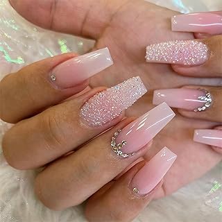Pink Press On Nails - Long Square Coffin Fake Nails, Pink White Ombre, Full Cover Acrylic, Glossy Gradient False Nails with Design Rhinestone, Stick On Nails for Women Girls Manicure, 24Pcs