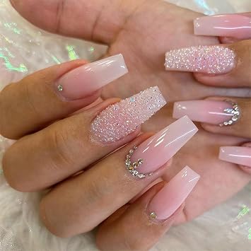 Pink Press On Nails - Long Square Coffin Fake Nails, Pink White Ombre, Full Cover Acrylic, Glossy Gradient False Nails with Design Rhinestone, Stick On Nails for Women Girls Manicure, 24Pcs