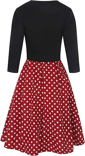 Miniatura 4 de oxiuly OX253 - Vestido de mujer con mangas de media manga, cuello redondo, estilo vintage, con bolsillos, casual, con contraste, vestido holgado