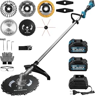 7-IN-1 Akku Rasentrimmer mit 2 x 4Ah Akkus, 1380W Bürstenloser Freischneider Akku mit 7 Klingen und Schulterriemen, 18800 U/min Elektrisch Motorsense für Garten, Rasen & Hofpflege