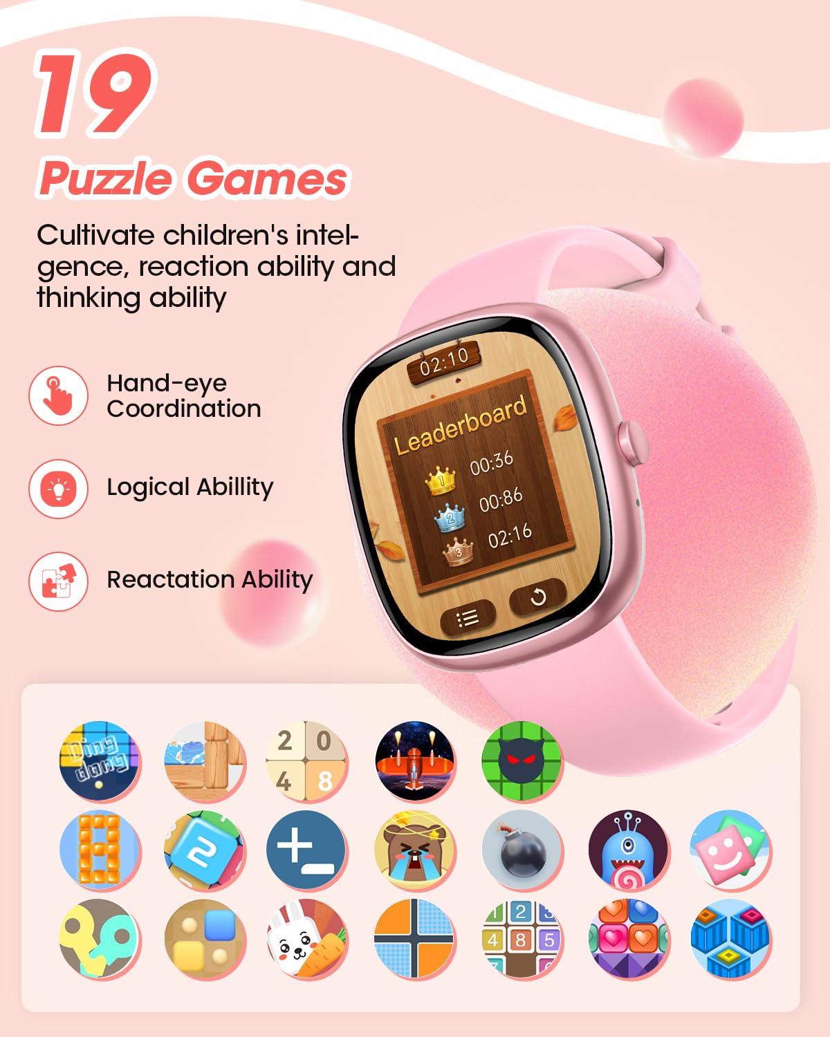 Reloj Inteligente Niña, Pulsera Inteligente con 20+ Modos Deportivos, 19 Juegos de Rompecabezas, Frecuencia Cardíaca, Impermeable, Sueño, Despertador, Regalos para Niños, Rosa