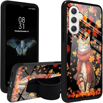 for Samsung Galaxy F15 5G 2024 Case with Phone Grip Holder Strap, Tempered Glass Hard PC Cover Shockproof Soft TPU Stand Case for Samsung F15 5G 6.6" 2024, Autumn Cat