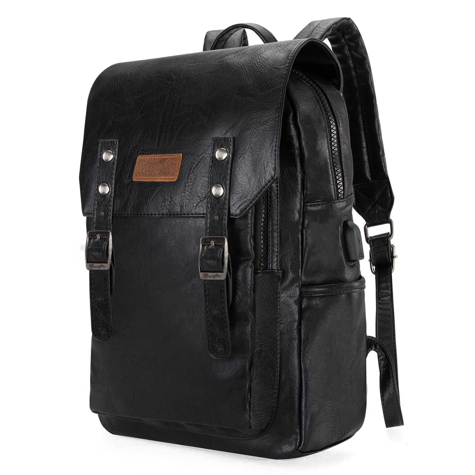 Montana West × Wrangler Backpack for Women Men Unisex Stylish Business Work Backpack Purse Black Vegan Leather Backpack