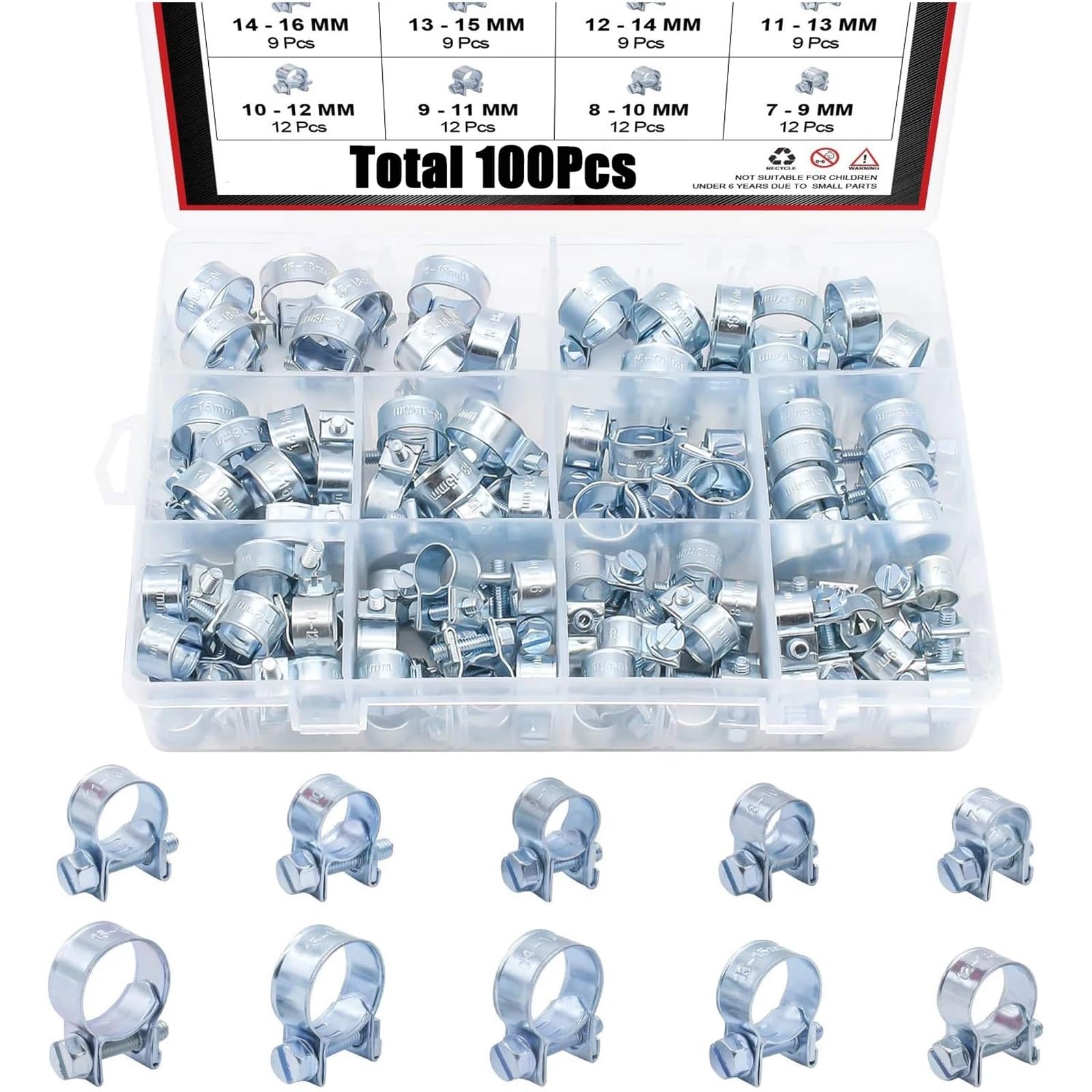 Kit surtido de abrazaderas de manguera de acero al carbono galvanizado for inyección de combustible, de 7 mm a 18 mm (10 tamaños), for tuberías de gasolina y diésel.