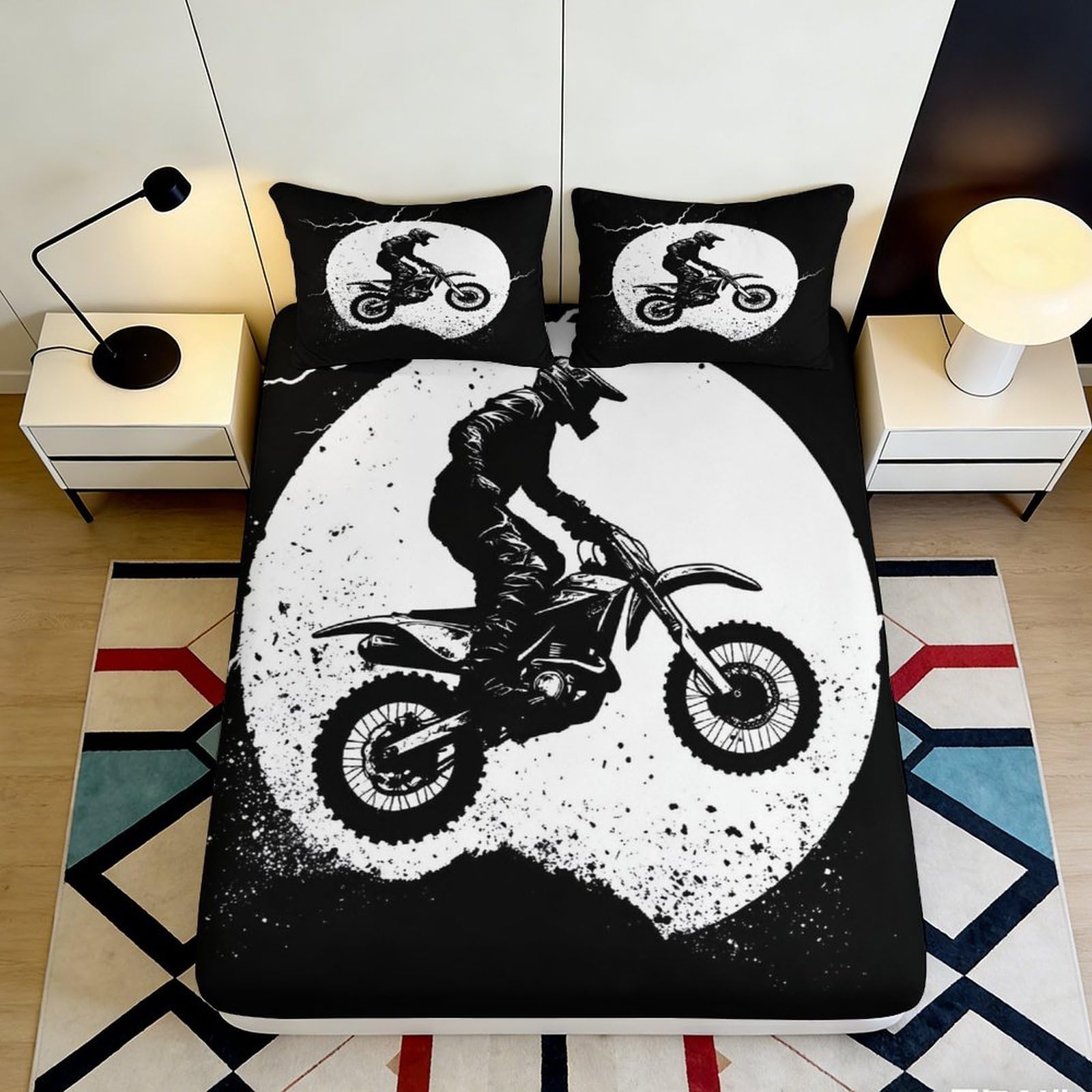 3D Printed Motocross Rider Fitted Sheet Microfiber Soft Breathable Dirt Bike Mattress Cover for Bedroom Dorm Decor 90x200x25cm