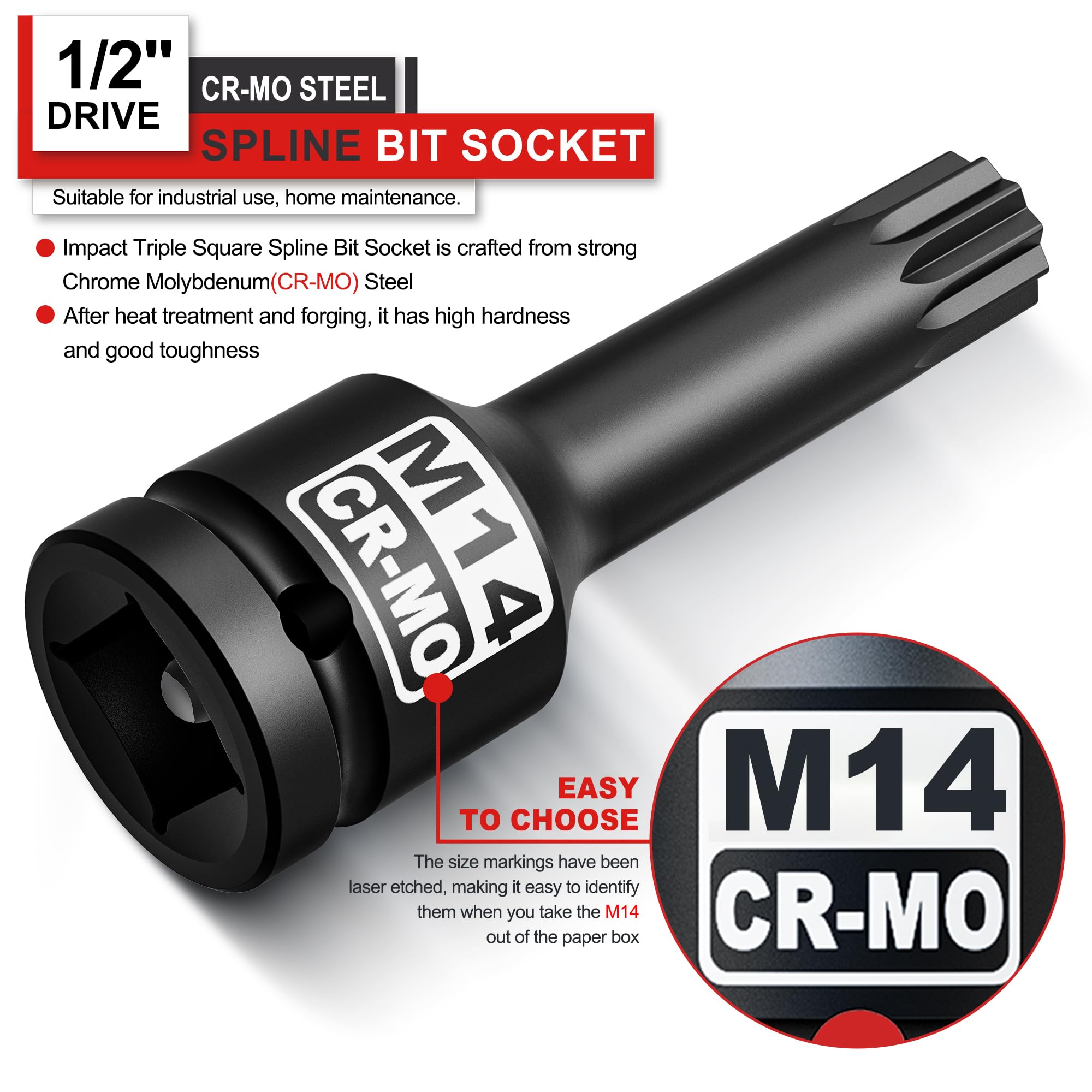 KIRXST Impact Triple Square Spline Bit Socket, 1/2" Drive M14 Spline Bit Socket, CR-MO Steel, 1/2" M14 Deep - Image 2