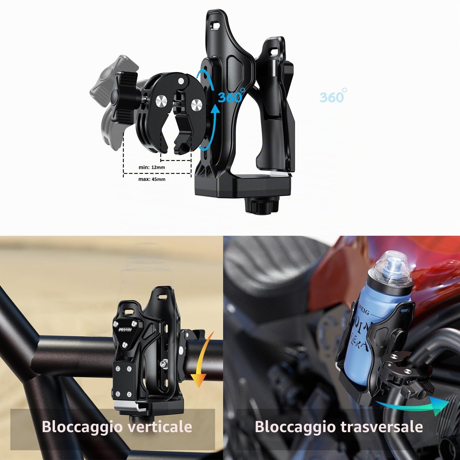 iMESTOU Portabottiglie per Moto, Supporto per Bottiglia D'acqua ATV Compatibile con Diametro 50-90 mm Tazze Bottiglie per Bevande Adatte per Manubri da 12-45 mm su Bici Scooter Passeggino Carrello