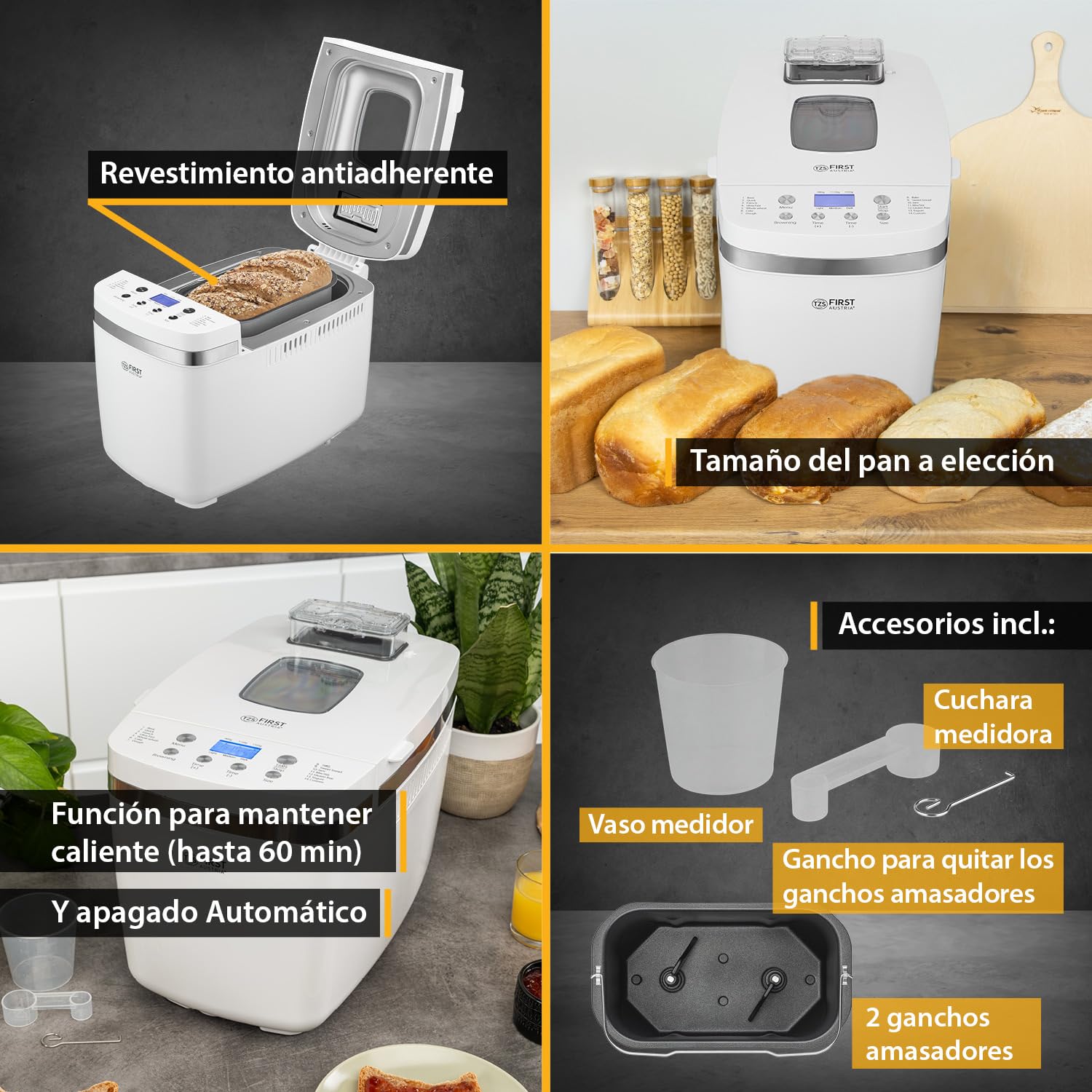 TZS First Austria - Panificadora 850W - Para panes de 900g y 1350g - 14 Programas automáticos - Tostado ajustable, Temporizador y Función mantener caliente