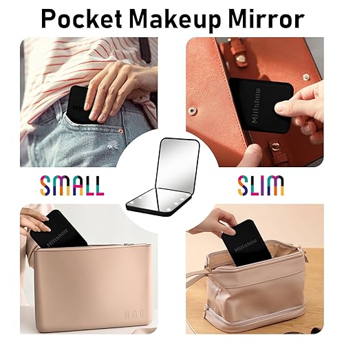 Miniatura 5 de Espejo compacto, espejo de bolsillo LED con aumento 1x3x, pequeño espejo de maquillaje de viaje iluminado para bolso, bolso, plegable, de mano, mini