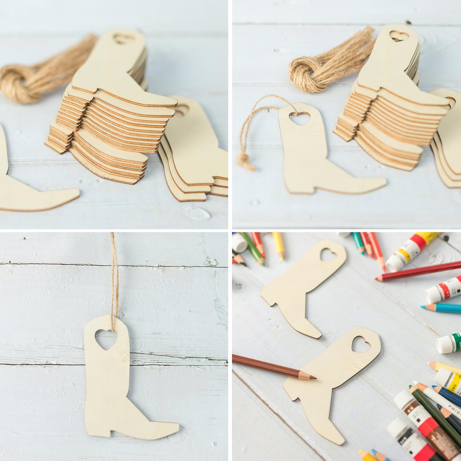 20 Stück Cowboystiefel-Holzornamente – Unlackiert, 10x7,8cm, Mit Schnur, Für DIY & Partydeko