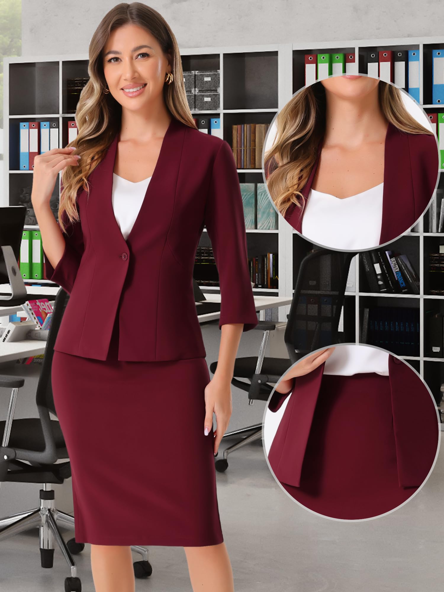 Allegra K Ensemble jupe d'affaires 2 pièces pour femme, tenue de travail de bureau, blazer sans col, jupe crayon | Blazer sans col à manches 3/4 et jupes crayon, vêtements professionnels formels, printemps, été, automne