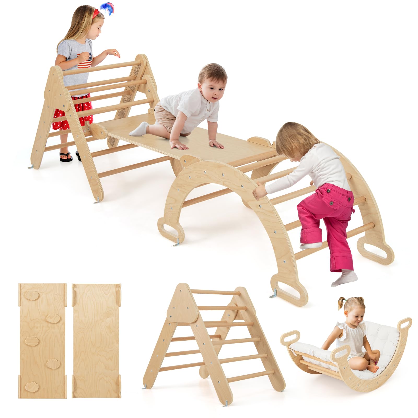 COSTWAY 3 in 1 Toddler Climbing Frame, Kids Wooden Climber Toys Set with Arch, Reversible Ramp, Indoor Montessori Play Gym for Boys Girls 1 Years Old+ — image 1