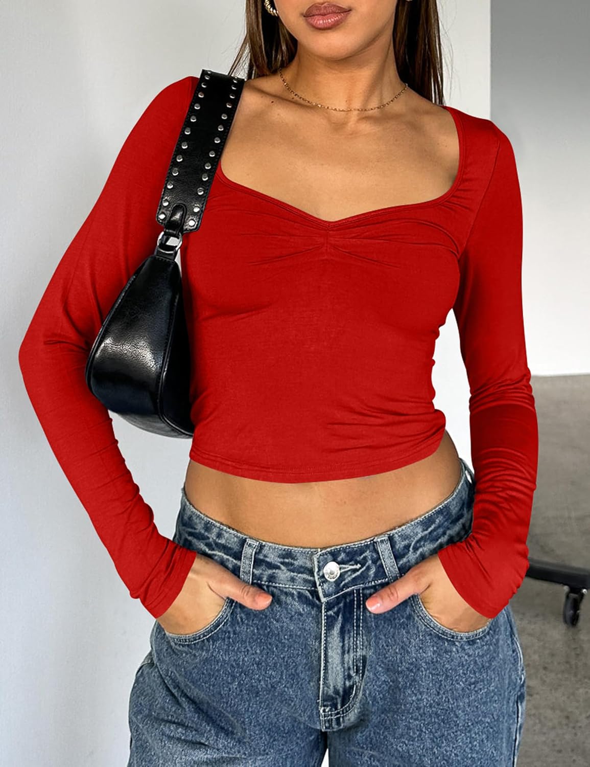 cailami Women's Long Sleeve Square Neck Going Out Tops Basic Tight Y2k T Shirts - Image 5