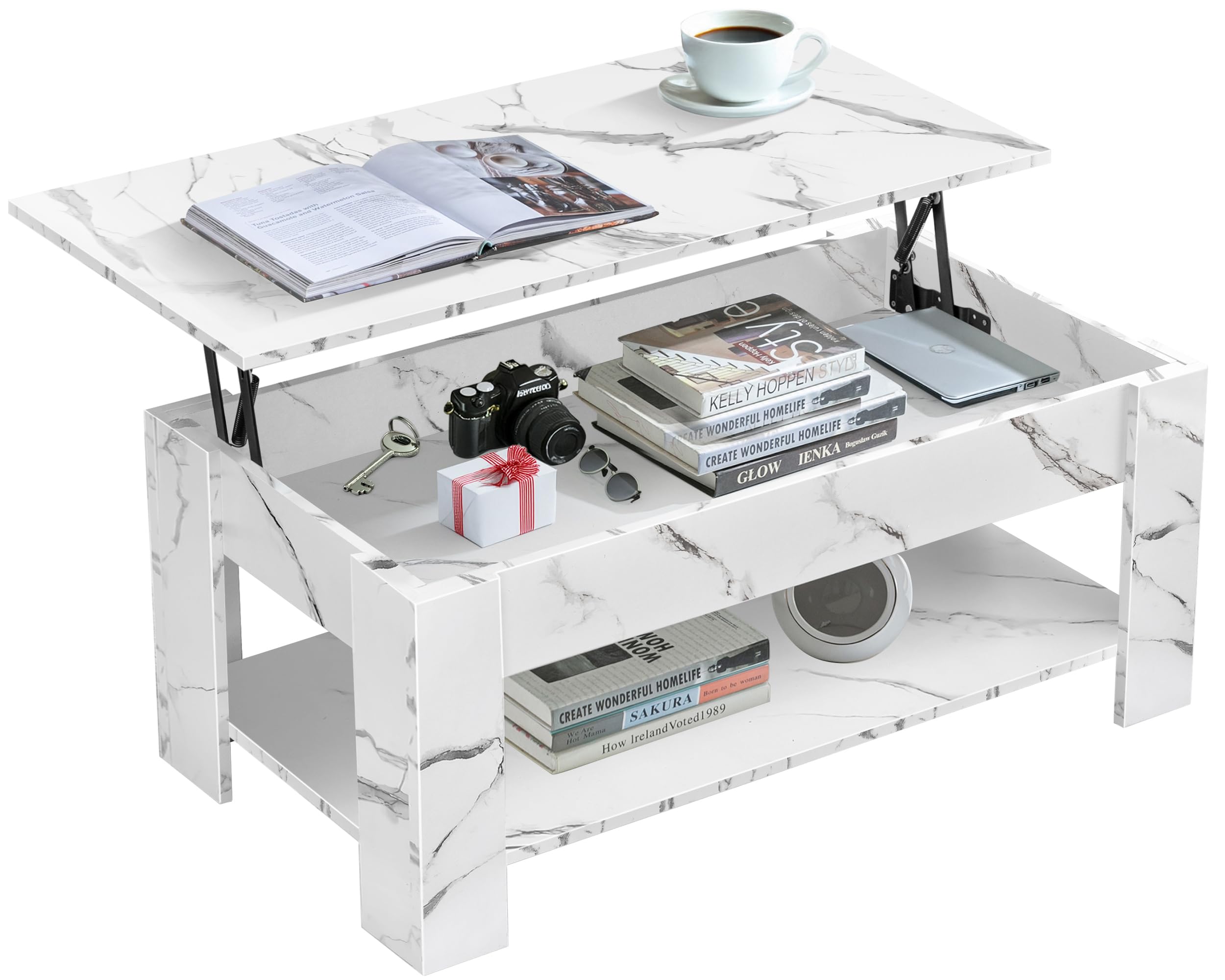 Lift Top Coffee Table with Storage, Coffee Table For Living Room, Wooden Coffee Table With 1 Shelf Large Hidden Storage Rectangular Lift-Top Sofa End Tea Tables, Marble White 120x60x(49.5-62.5) H cm