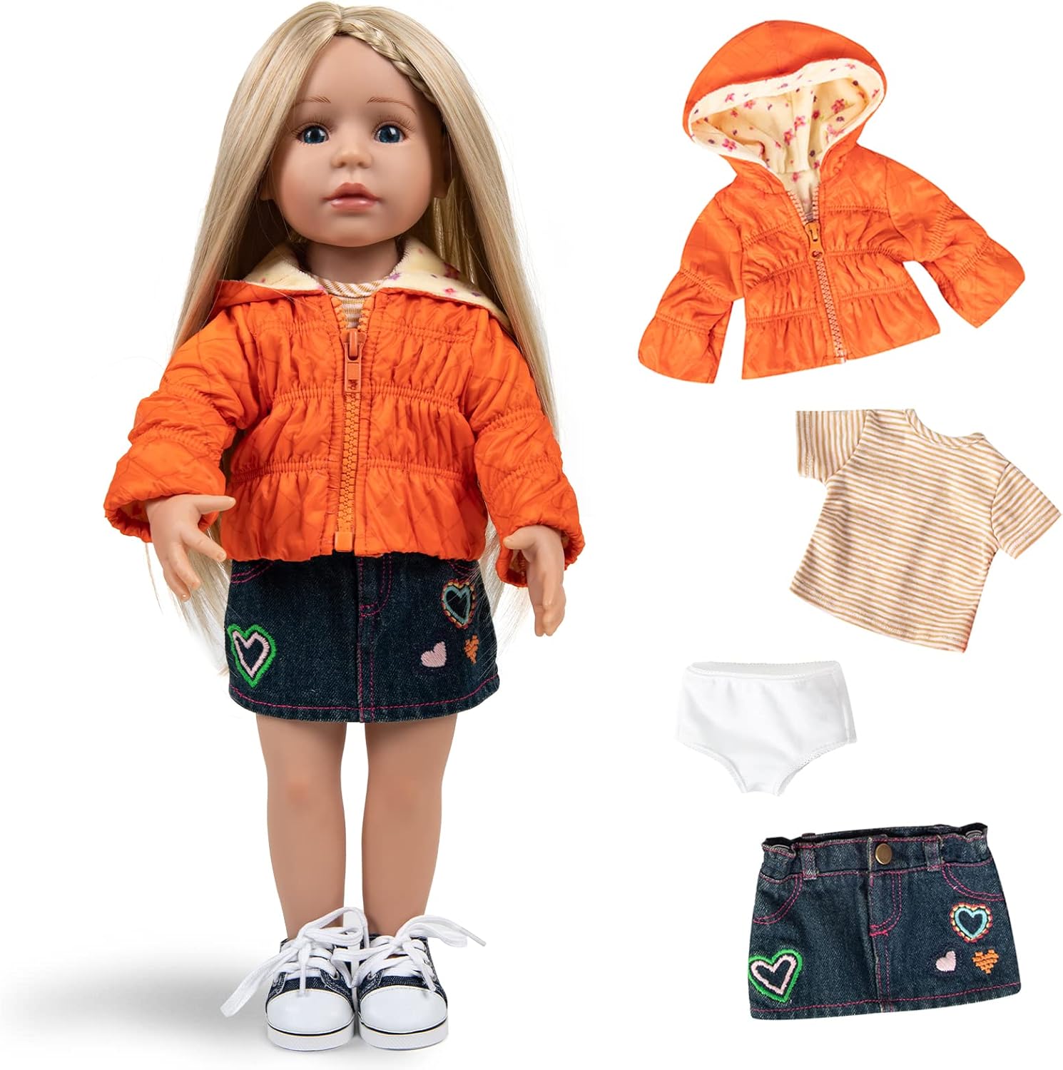 Rakki Dolli Doll Clothes Set Fashion 4 Pieces Includes Warm Hooded Coat, T-Shirt, Jeans Skirt & Underpants, Handmade Party Dress Casual Wear Fits 18 Inch American Girls Dolls