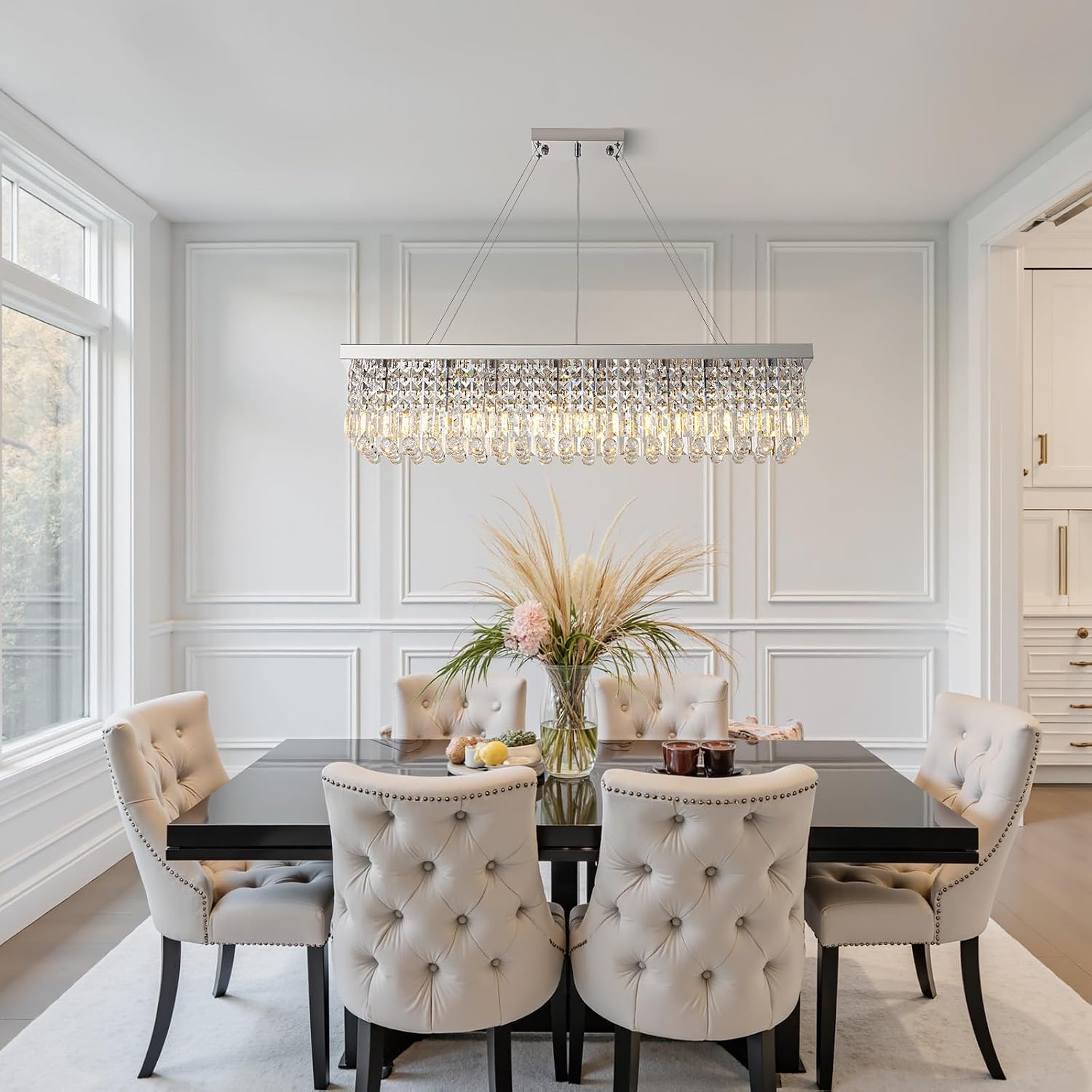 Modern Rectangular Crystal Chandeliers,8 Lights Rectangular Pendant Light Fixture,Adjustable Height K9 Crystal Chandelier for Dining Room L40''xW10''xH10''