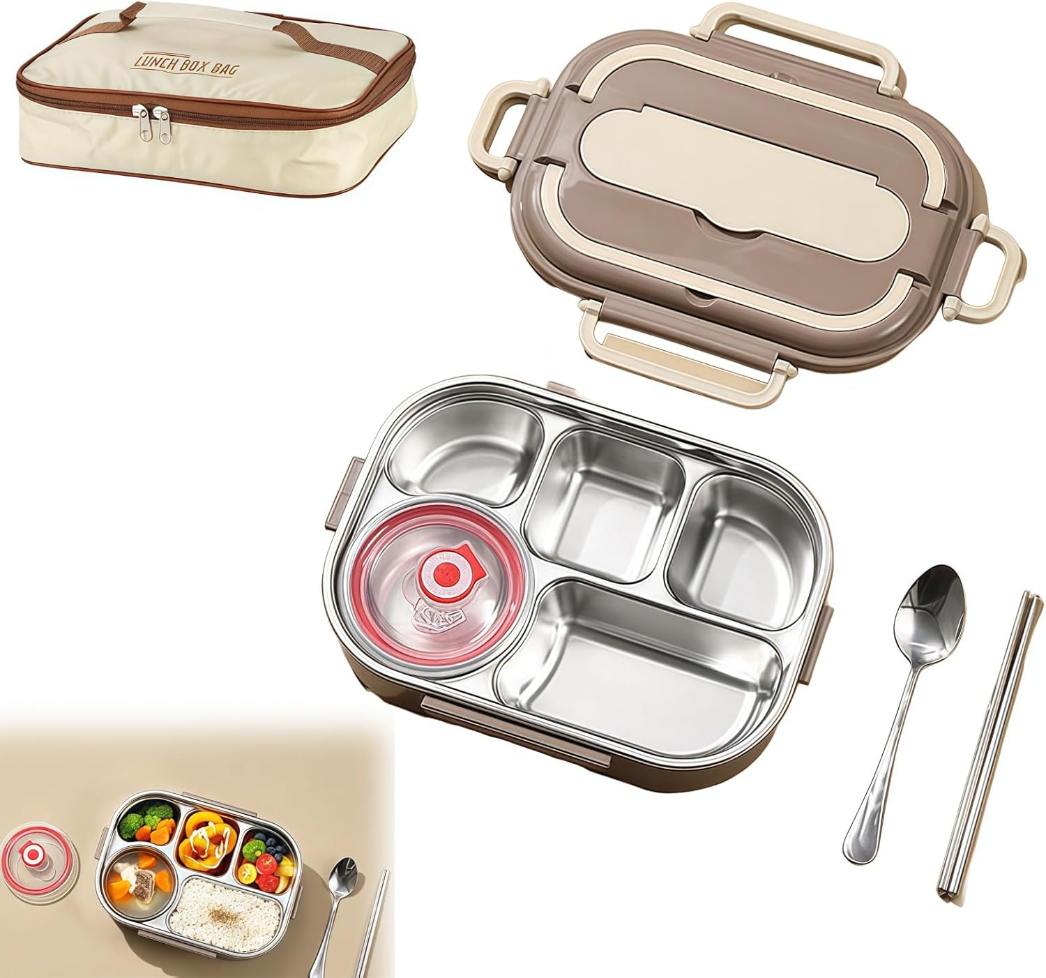Adult Lunch Box Set, Five Compartments, Stainless Steel Construction, Easy to Clean, Heats Food by Adding Hot Water.