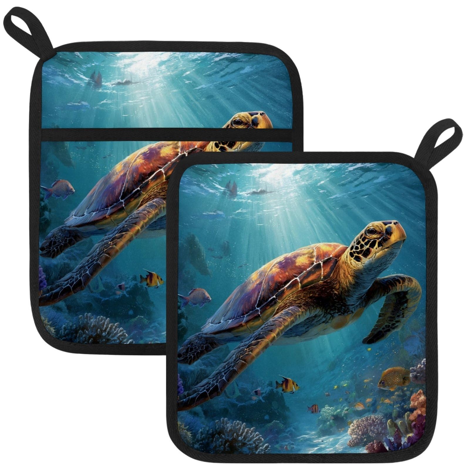 VAPOKF Turtle Pot Holders with Pocket for Kitchen Heat Resistant Potholders Large Polyester-Cotton Square Oven Mitts Set
