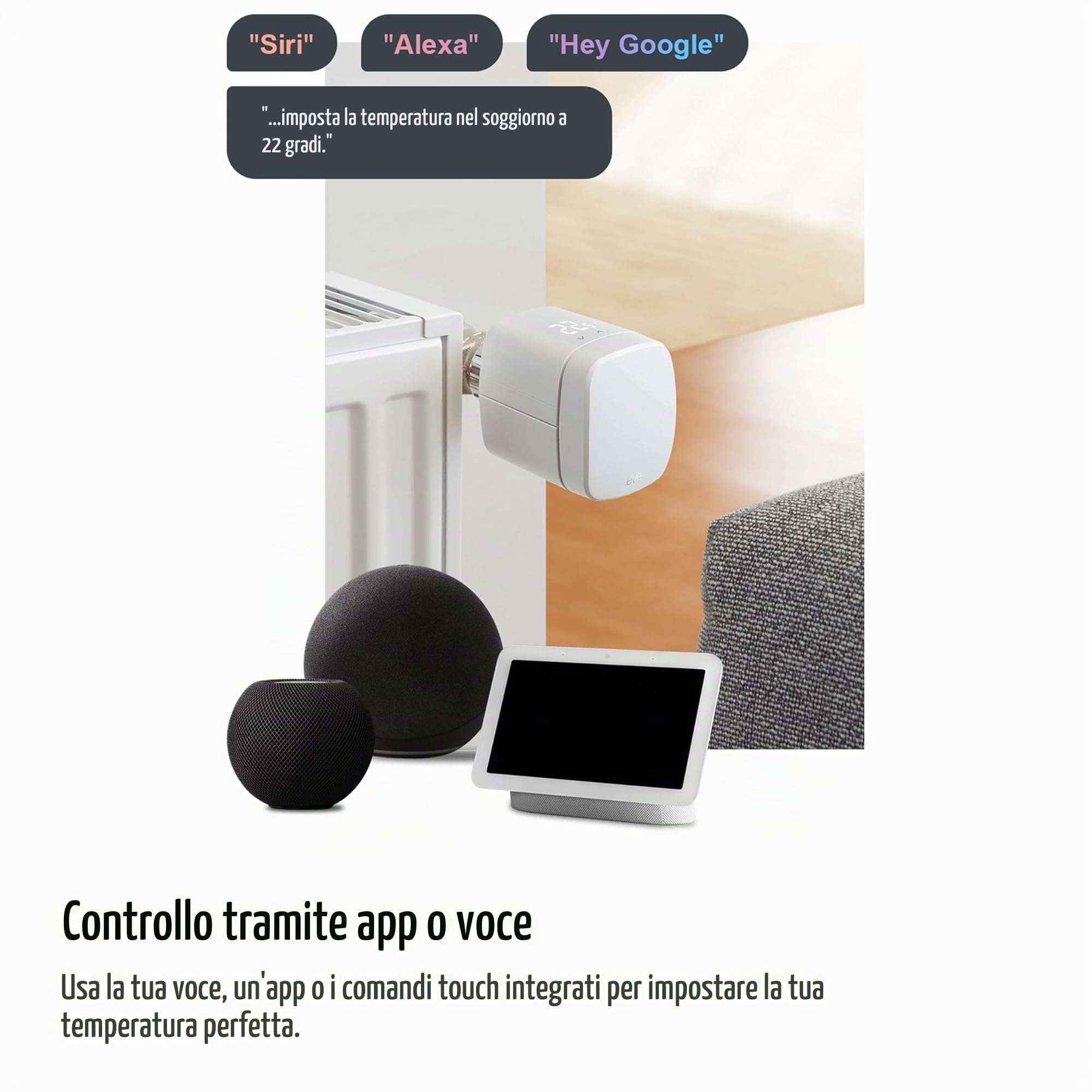 Eve Thermo (Matter, 4ª gen) set di 4: valvola termostatica intelligente, controllo automatico della temperatura, richiede Alexa, Apple Home, SmartThings o Google Home. necessario Thread Border Router