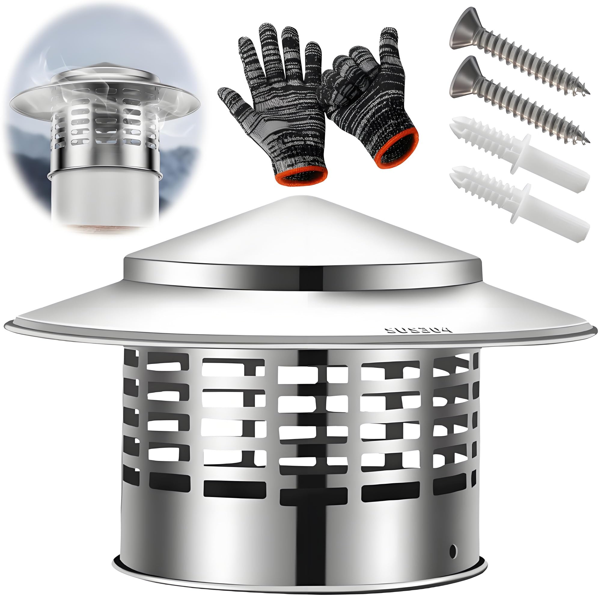 KGLHJDY 3 4 6Inch Chimney Cap 304 Stainless Steel, All Weather Chimney Caps for Outside, Round Roof Rain Cap Fireplace Flue Exhaust Cover(75mm/3in)