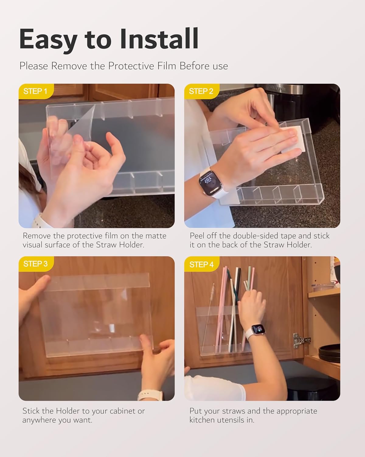 Upgraded 9.6'' Large Acrylic Straw Holder for Cabinet Door, Space-Saving Straw Organizer Storage Dispenser for Cabinet Doors or Countertops, Strong Adhesive Double-sided Tape Included - Image 7