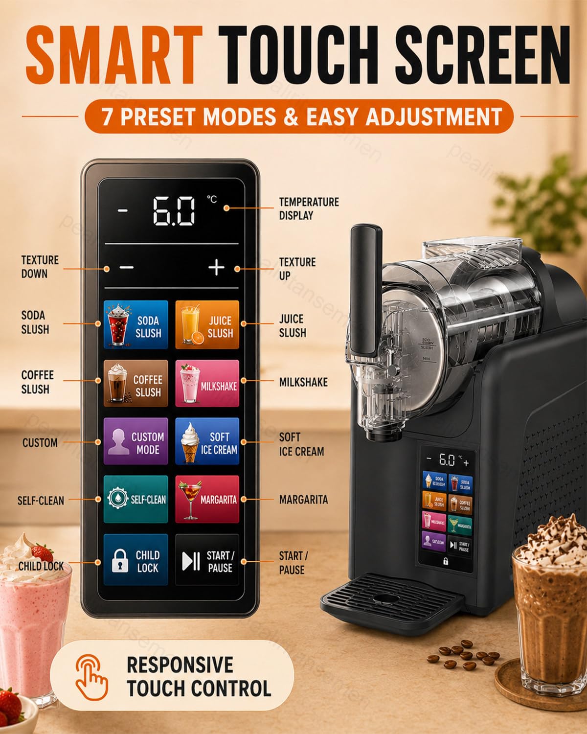 Máquina Para Helado Suave Y Granizados De 2 L, 7 Modos Preestablecidos, 185 W, Control Táctil, Autolimpieza De 360° Con Un Solo Botón, Para Fiestas En Casa, Cafeterías, Food Trucks White
