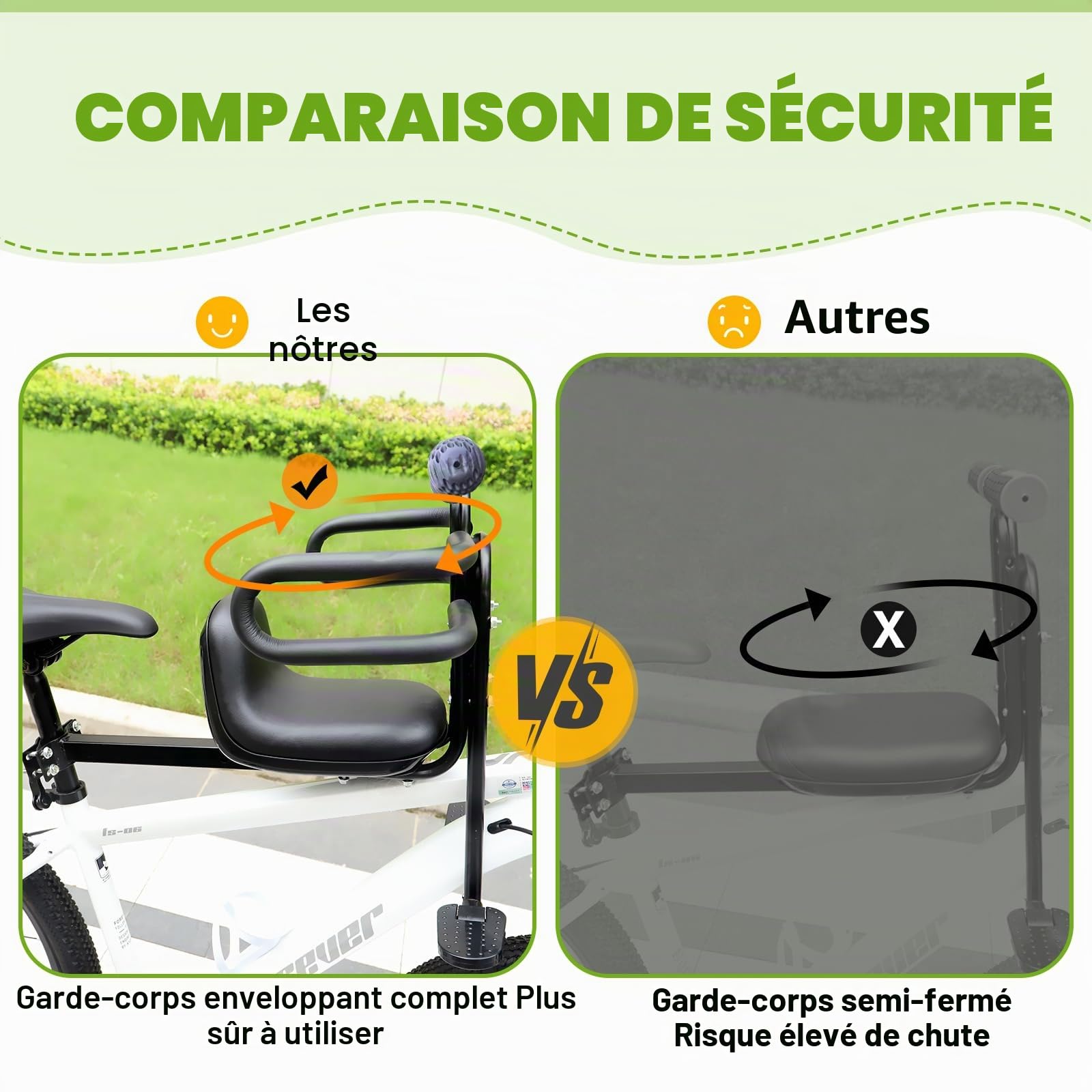 ZUKKA Siège de vélo pour enfant Sièges pour enfants à l'avant Support de charge jusqu'à 25 kg / 55 livres pour enfants Siège pour enfant à l'avant pour vélos, siège d'enfant avec pédales, support pour
