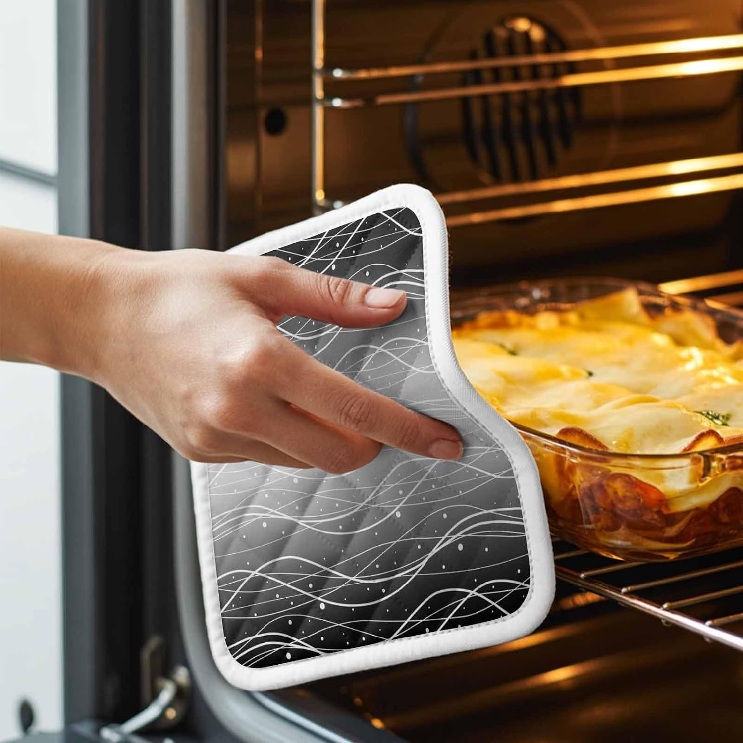 Black Gray Ombre Pot Holders for Kitchen Heatproof Potholder, 5 Pack Modern Abstract Striped Polka Dots Hot Pads Multipurpose Oven Pads Cloth Potholders Trivet for Cooking Baking