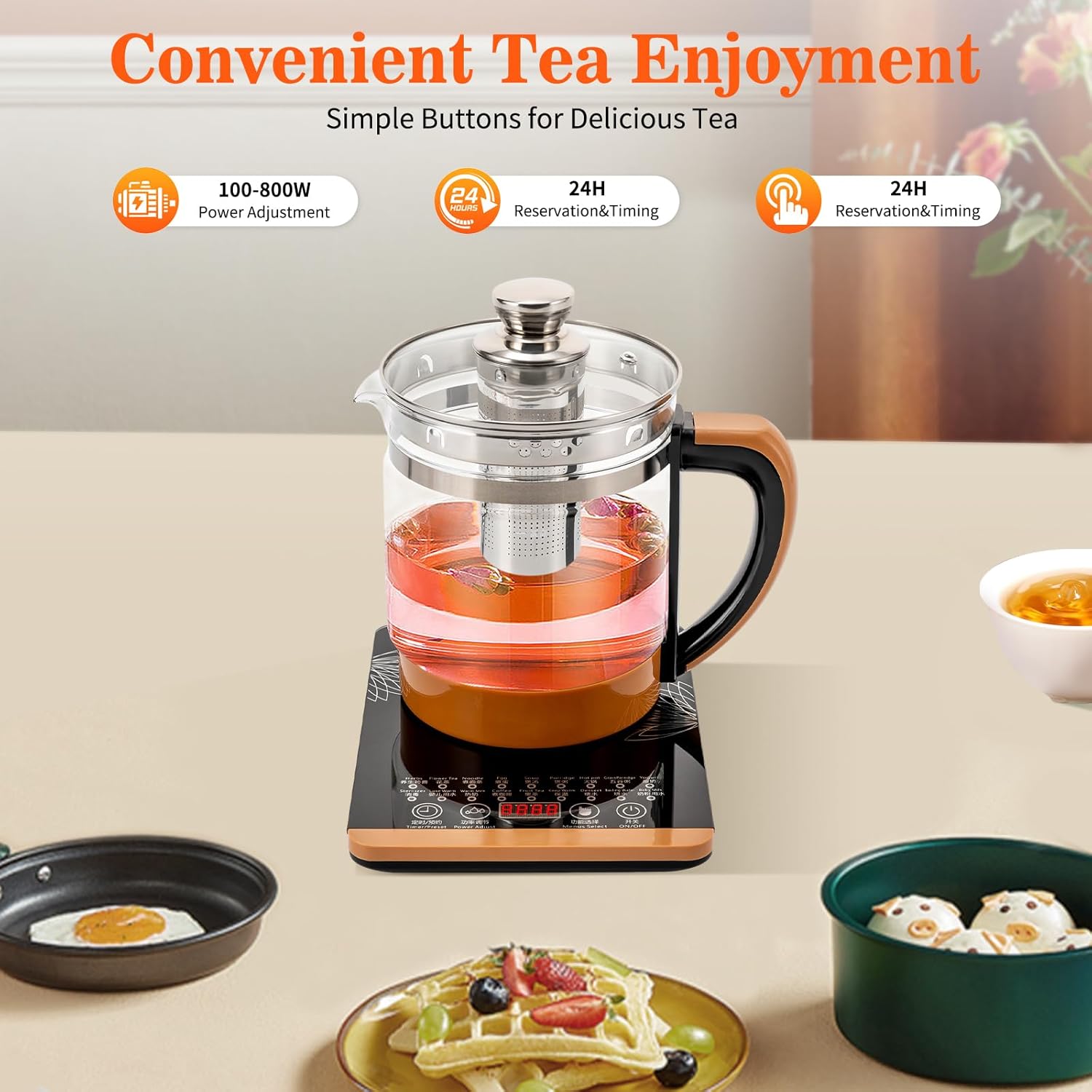 1.8L Electric Kettle 18 Menus Glass Kettle Tea Maker Machine Glass Teapot Electric Water Kettle with Temperature Control,110V,Brown