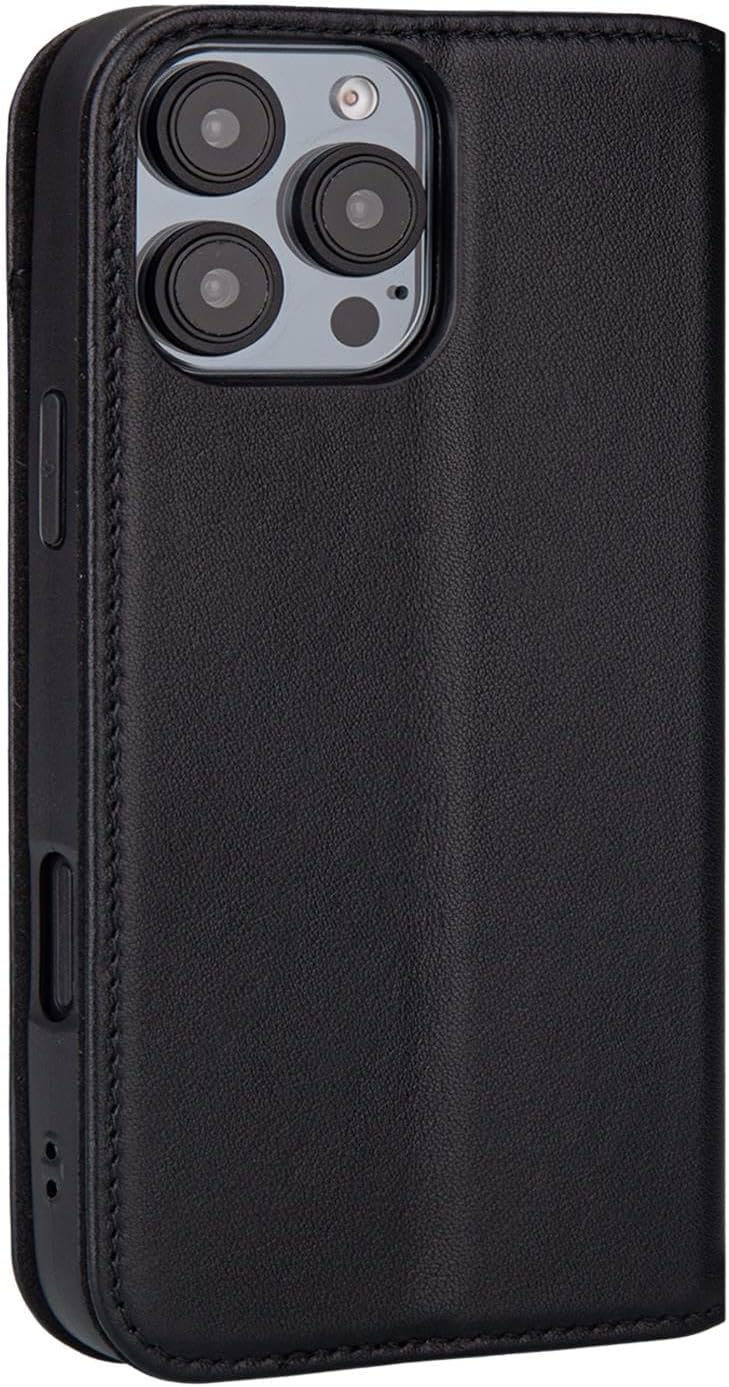 32nd Classic Series 2.0 - Real Leather Book Wallet Flip Case Cover for iPhone 16 Pro (6.3"), with RFID Blocking Card Slot, Magnetic Closure and Built in Stand - Black