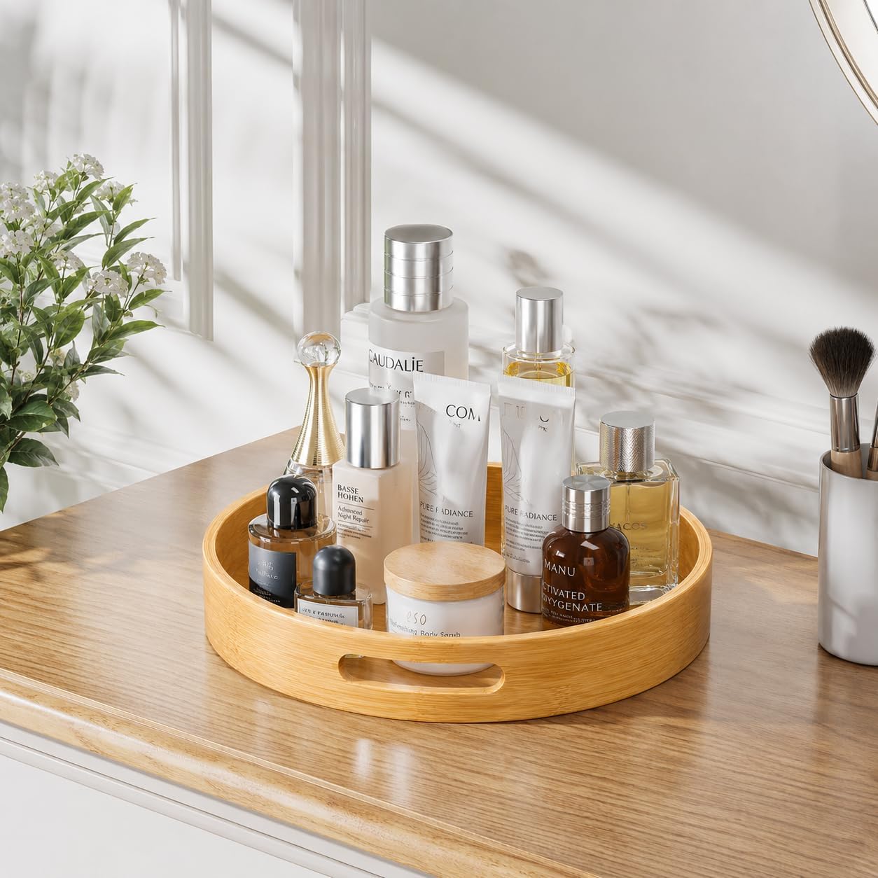 Bamboo Lazy Susan Turntable Organizer 10 in – Round Rotating Spice Rack with Handles，Wood Turntable for Kitchen Cabinet, Countertop, Dining Table (Bamboo Nature)
