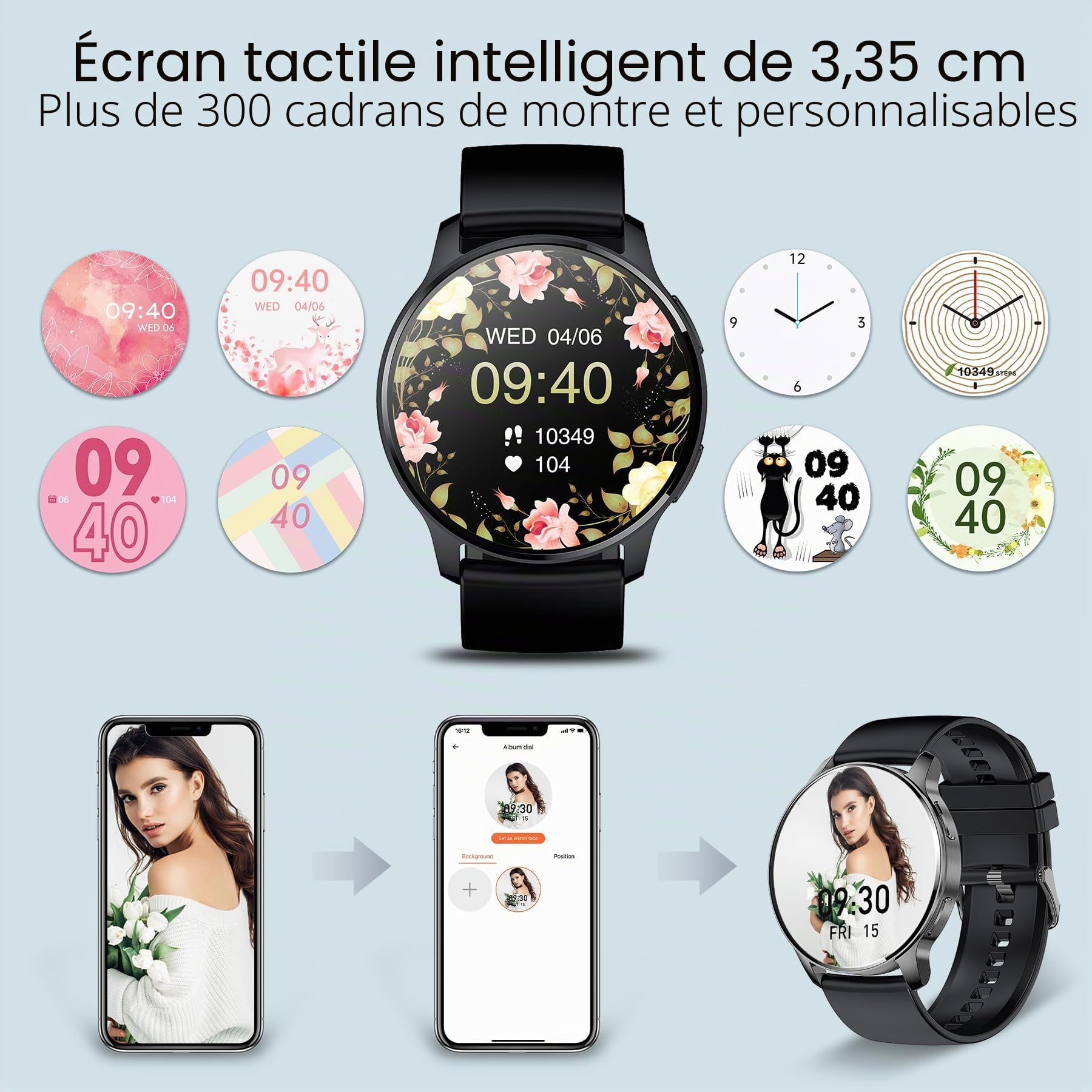 Montre connectée pour homme et femme, 1,32 pouces, suivi d'appels et de messages, 20 modes sportifs, podomètre, moniteur de fréquence cardiaque