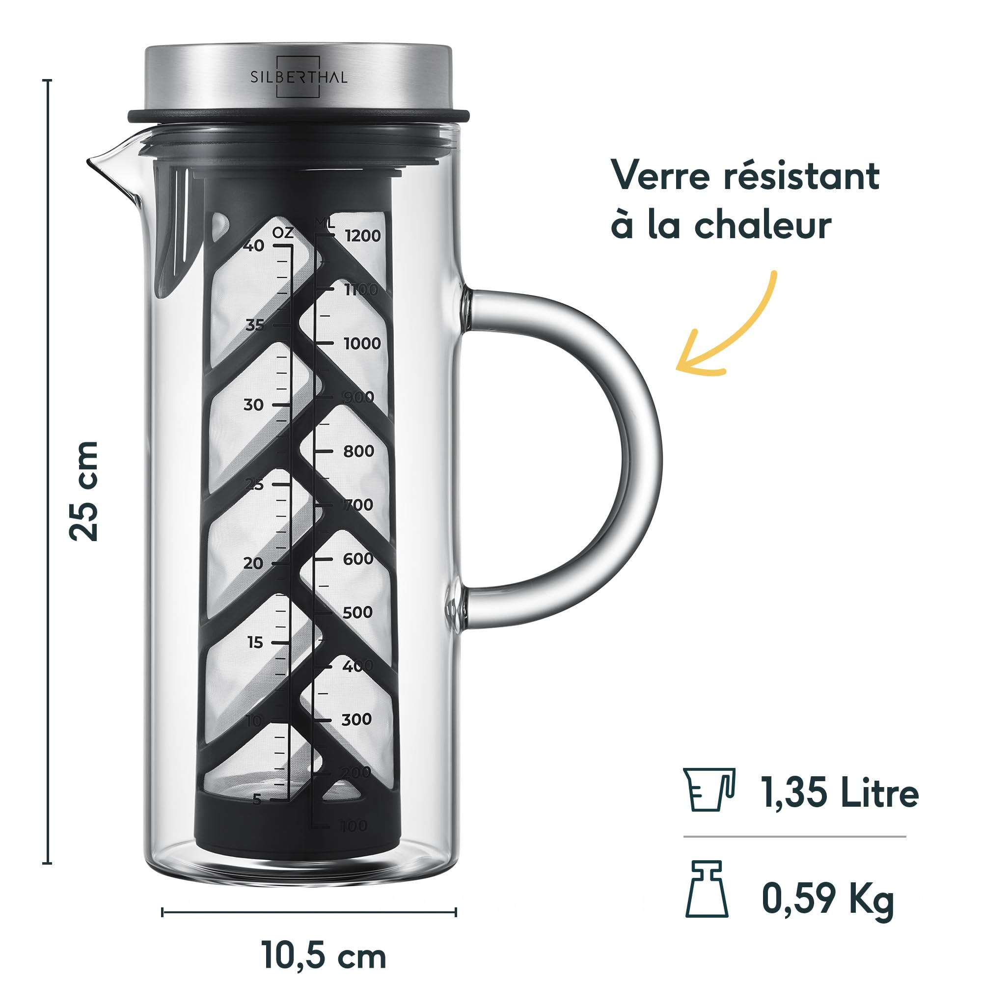 SILBERTHAL Cafetière Manuelle avec Infuseur 1,2 litres - pour Café froid ou Cold Brew Coffee - Avec le nouveau filtre plus robuste 2.0 - Eau Infusée, Cafe Infusé A Froid et Thé Glacés