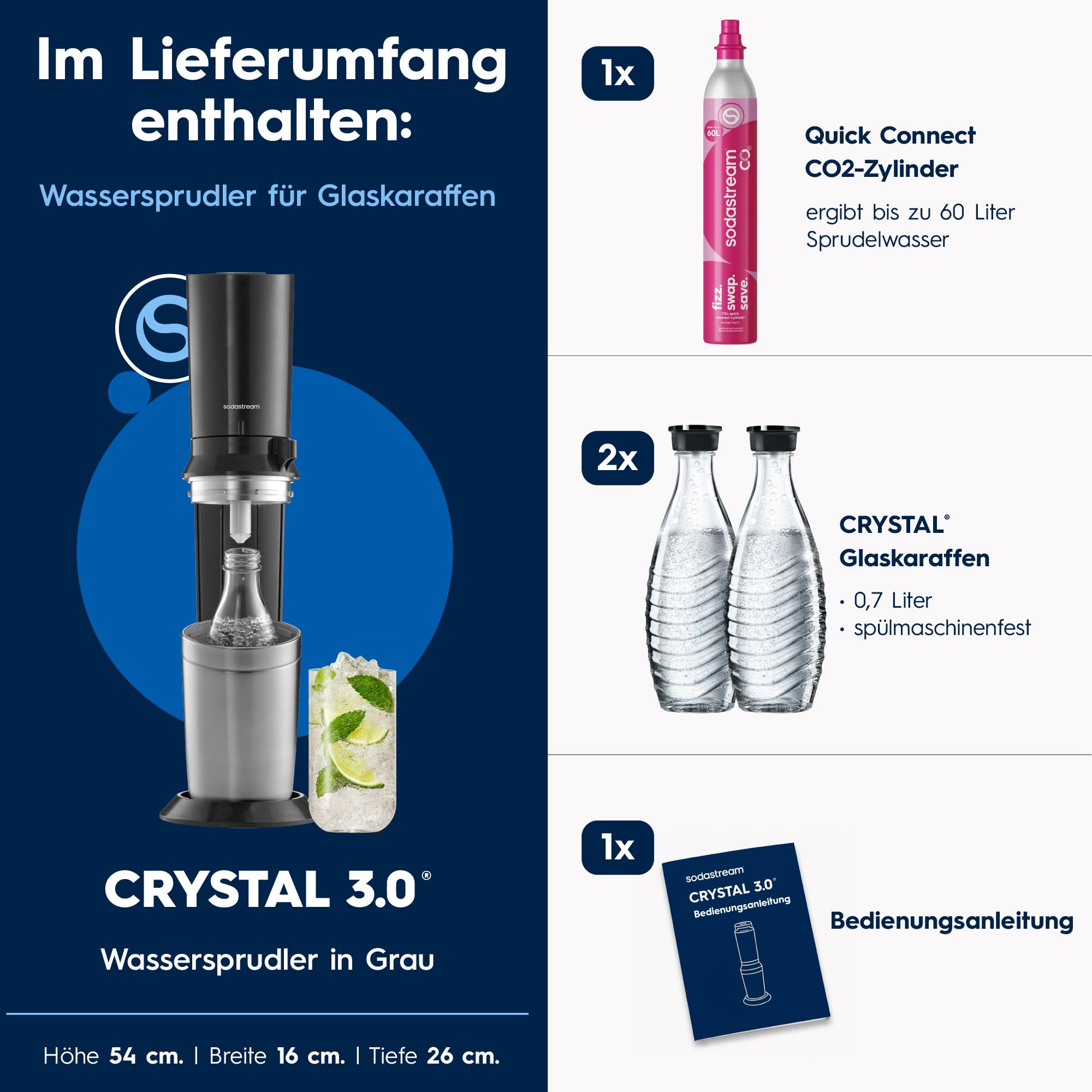 SodaStream Crystal 3.0 Wassersprudler mit Glaskaraffe, Quick-Connect CO2-Zylinder, 2x 0,7 L Glaskaraffen, Grau