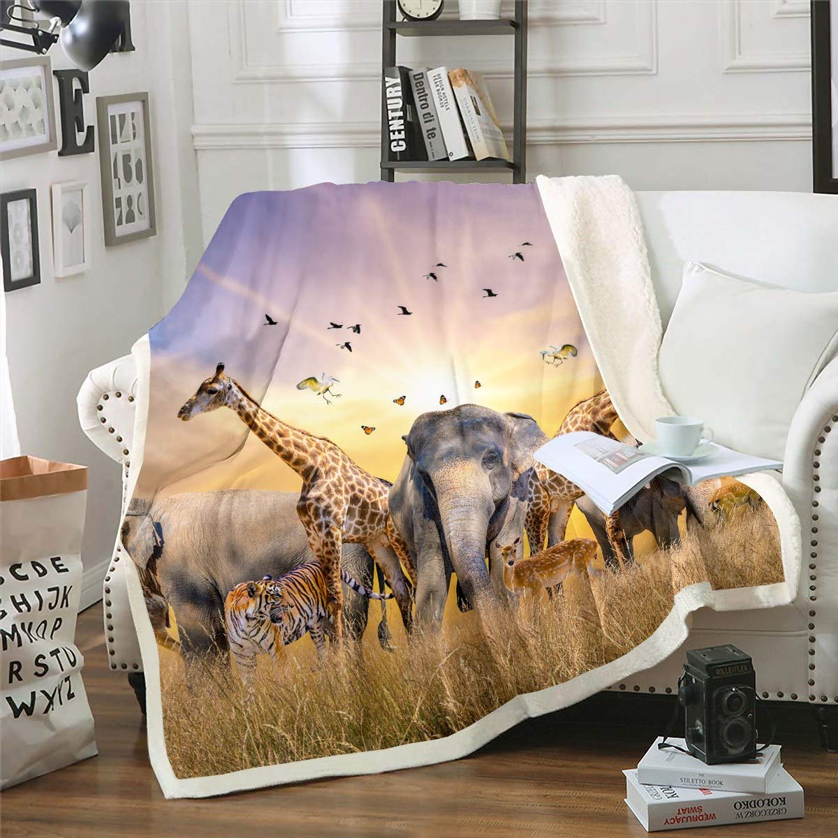 Loussiesd Safari Animal Print Blanket for Kids Boys Elephant Giraffe Tiger Fleece Blankets Wildlife Blankets and Throws Grassland Animals Sherpa Blanket,Plush Blankets Double 60"x79"
