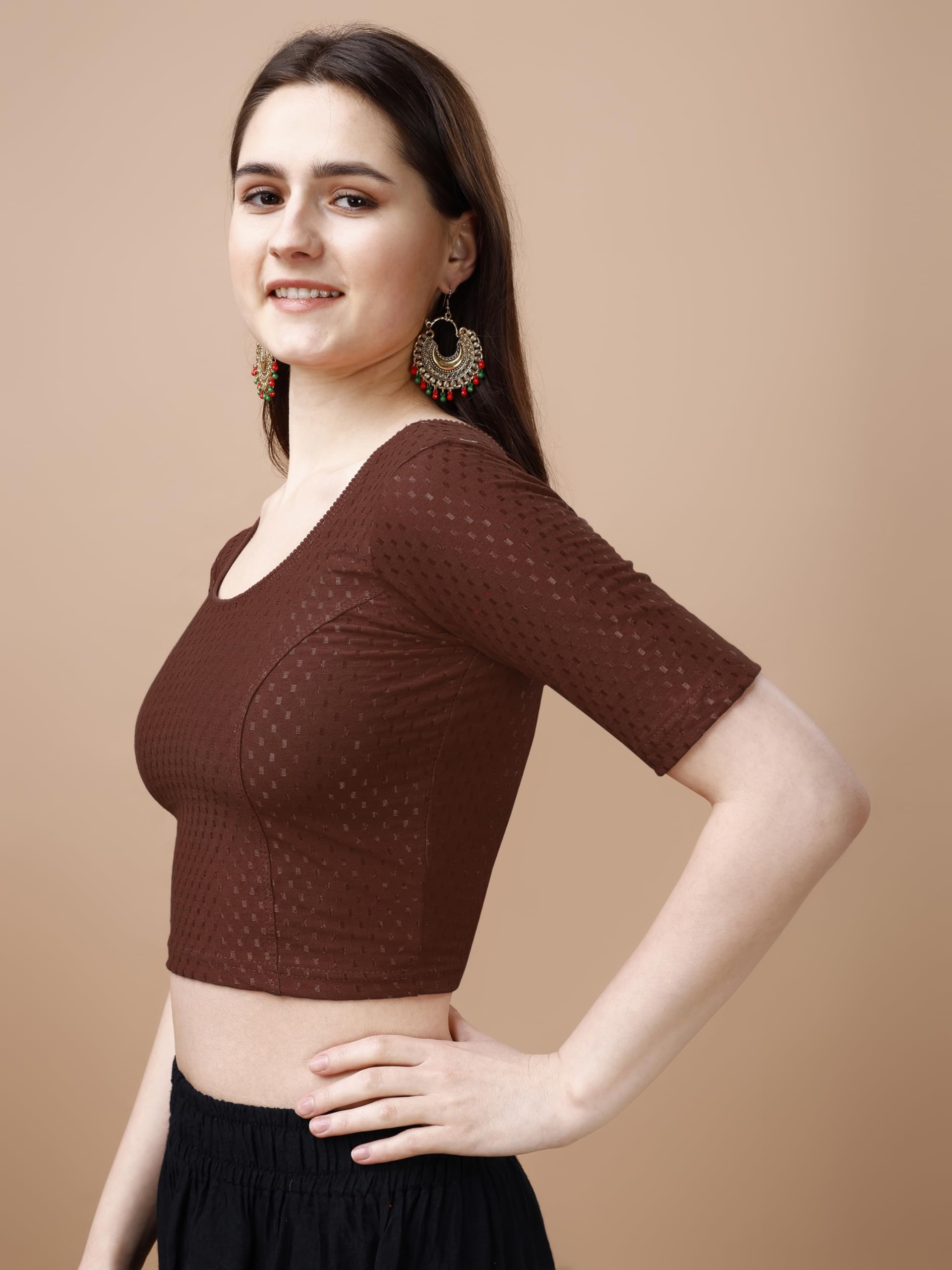 Pujia Mills Women's Readymade Dobby Cotton Lycra Stretchable Round Neck Half Sleeve Blouse Fancy Brown Color Lycra Stretchable Blouse For Women Stylish Readymade Saree Blouse