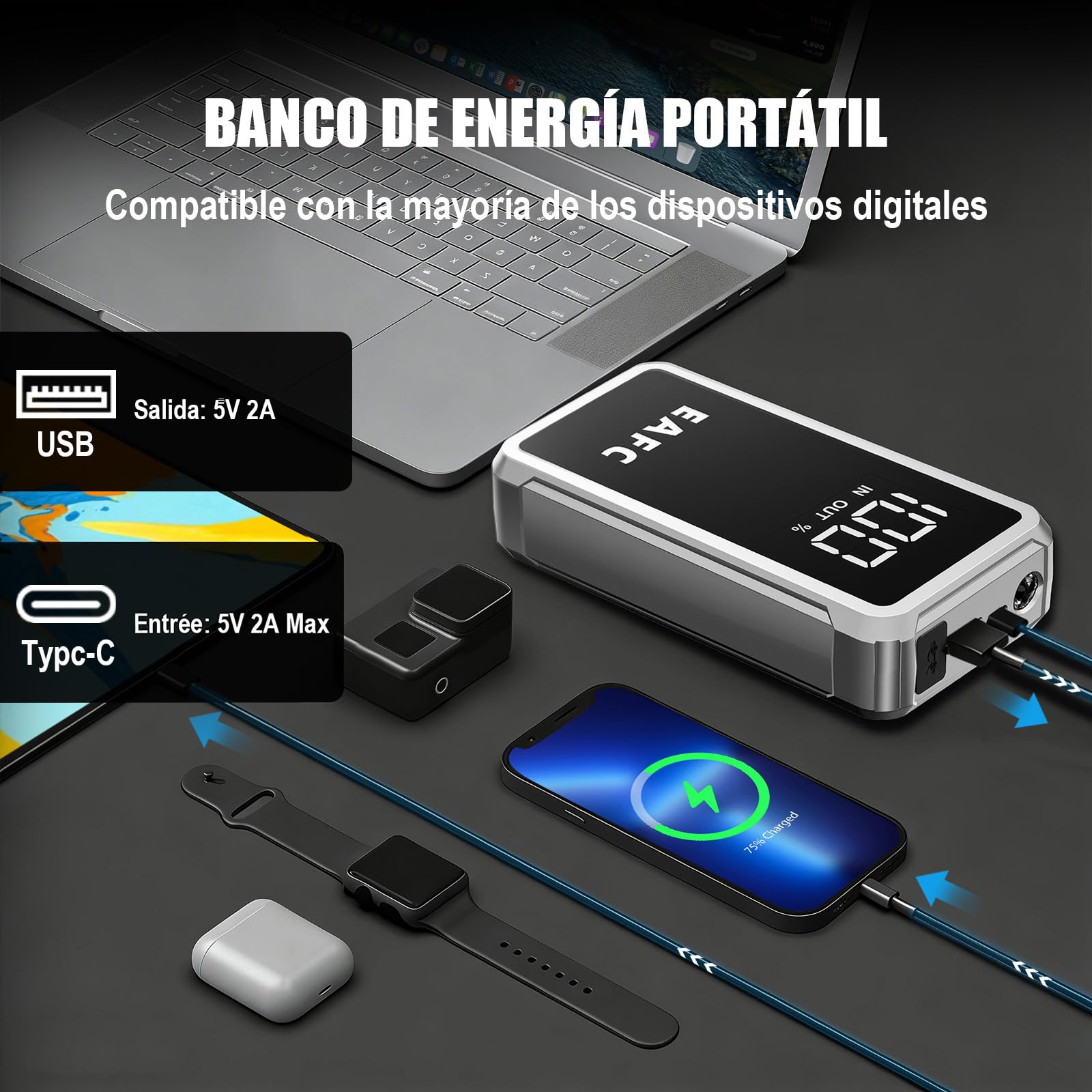 Arrancador De Coches 12000mAh, 5000A Arrancador De Baterias De Coche 12V(10L Gasolina/6L Diesel), Arrancador Bateria Moto con 3 Modos LED, Pantalla LCD, Salidas USB 2.0, Bolso de Mano — view 6