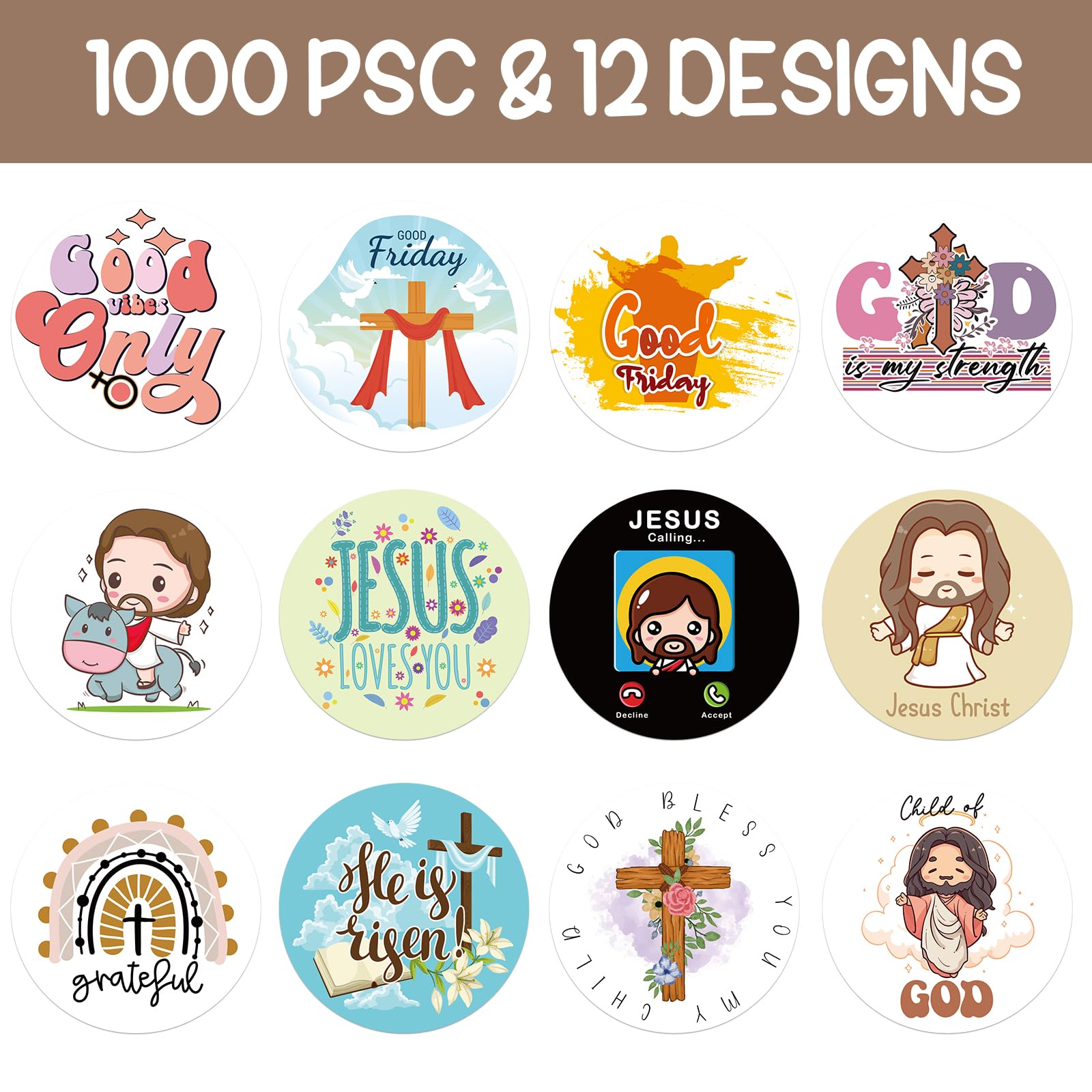 Amazon | Dazoratix キリスト教聖書ステッカーロール - 1000枚 Jesus Loves You ステッカー 宗教ステッカー  子供向け 16デザイン キリスト教のステッカー 聖書の一節ステッカー 日曜学校 教会 活動用品 | シール・ステッカー | おもちゃ キュートな宗教的聖書の言葉の  ..., image size:1600x1600