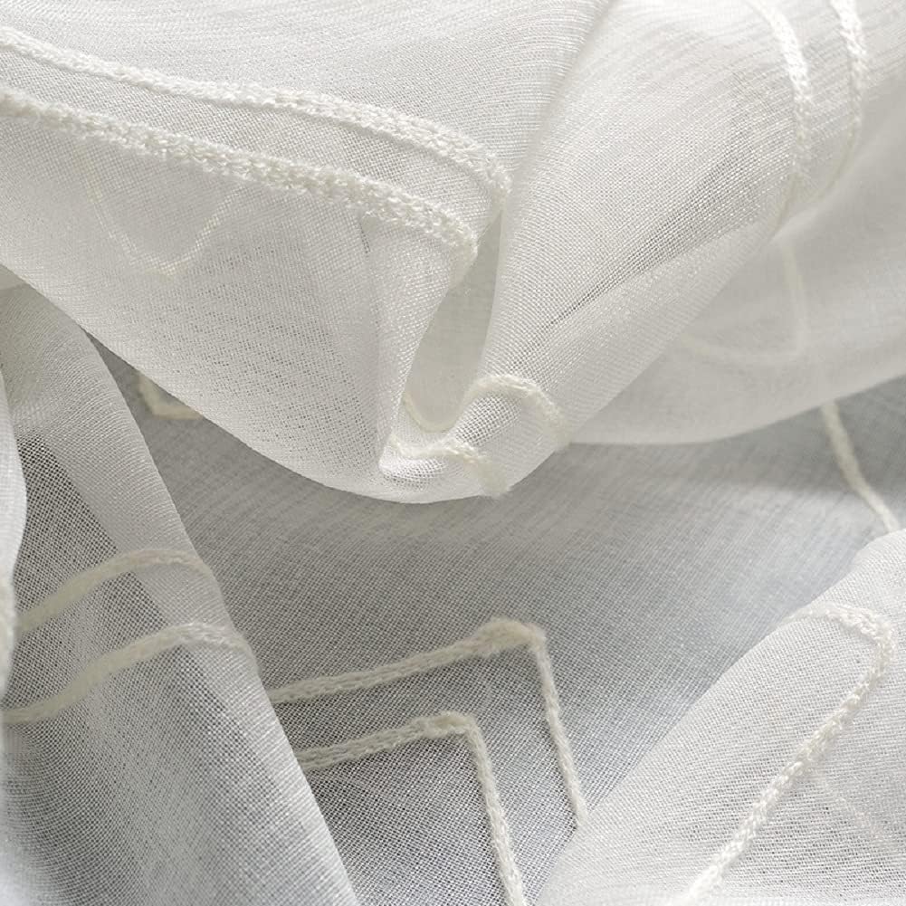 Transparent Sheer Curtains Window Treatments Simple Geometric Wave Embroidery Rod Pocket Top Style for Living Room Bedroom(1 Panel, W 52 x L 90 inch, White Wave)